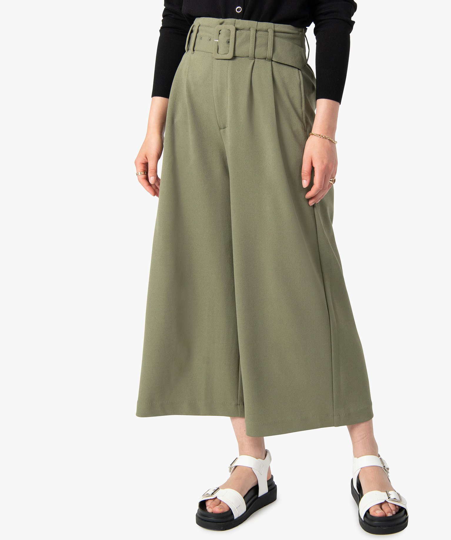 Pantacourt femme taille haute avec ceinture à boucle kaki | GEMO