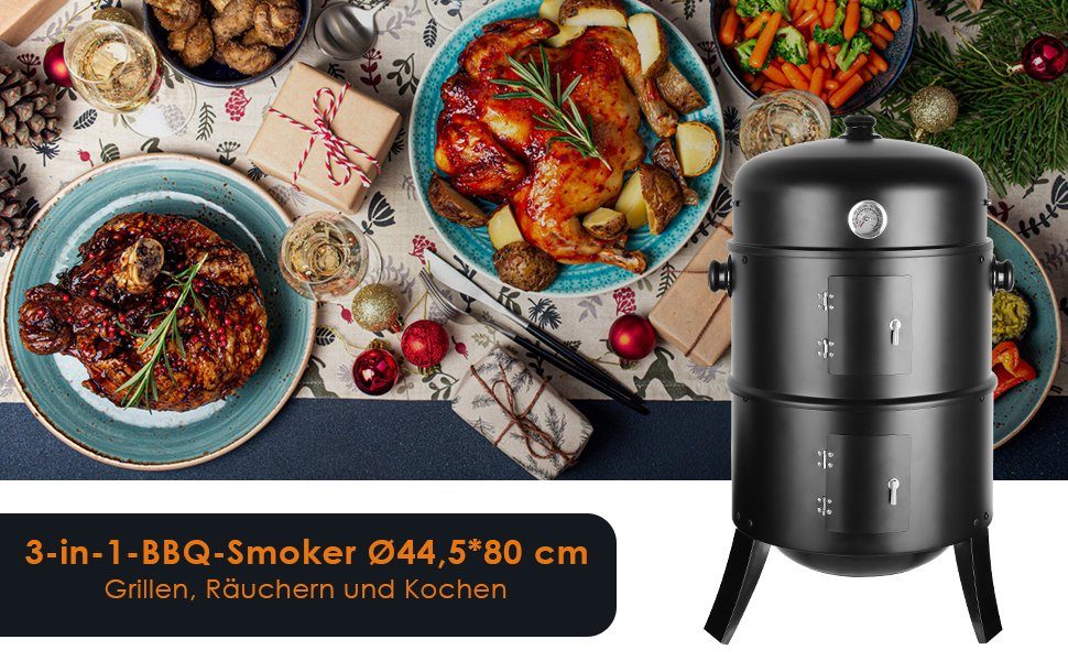 TLGREEN Smoker, Räucherofen, Räuchertonne, Ø44,5x80 cm, 3-in-1 Holzkohlegrill