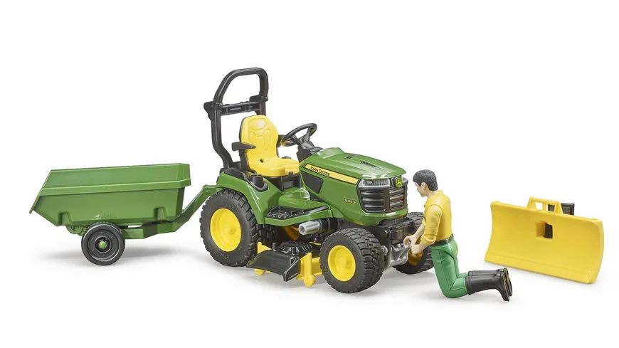 BRUDER - bworld John Deere Rasentraktor mit Anhänger und Gärtner