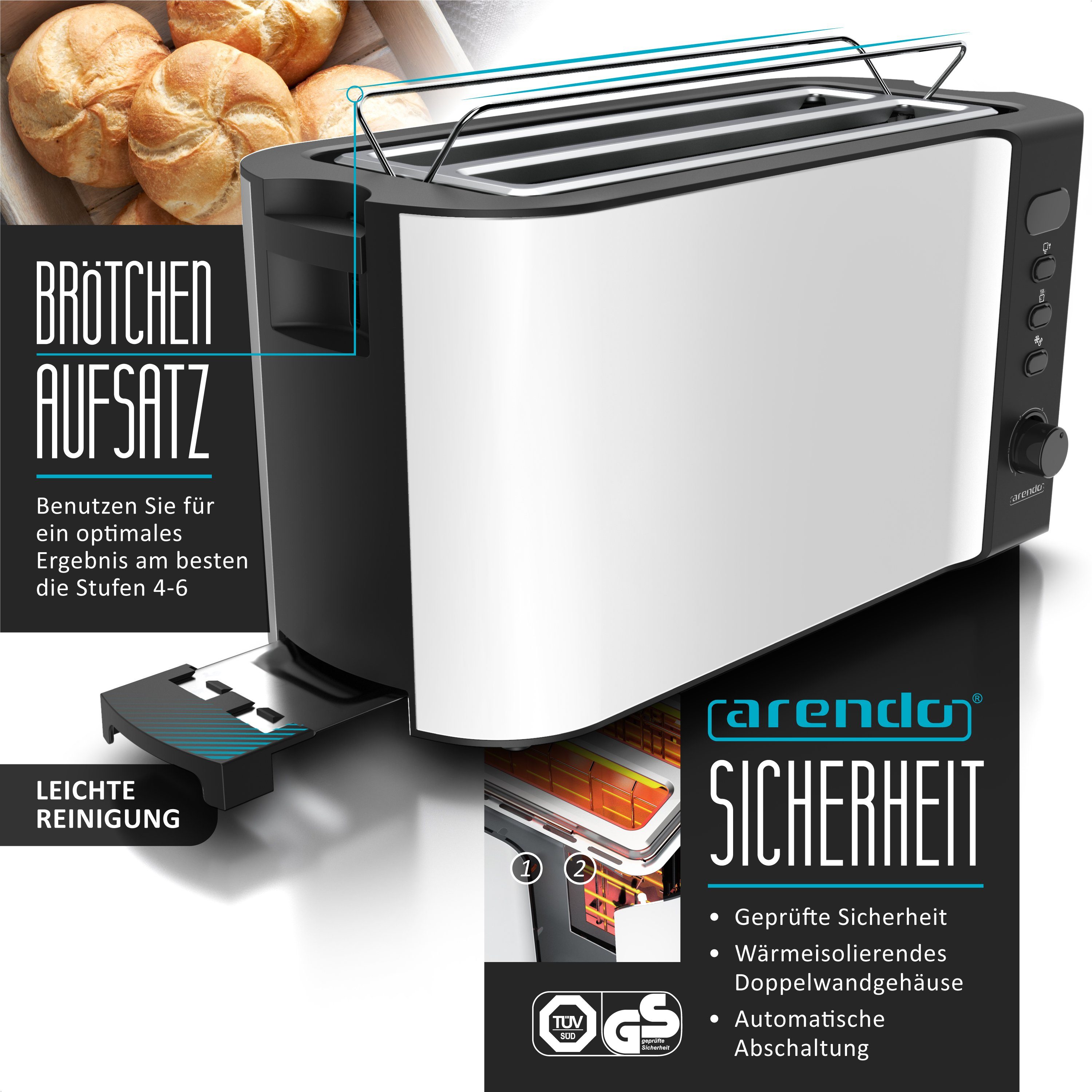 Arendo Frühstücks-Set (2-tlg), Edelstahl Wasserkocher 1,5l, 4-Scheiben Langschlitz Toaster, Weiß Matt