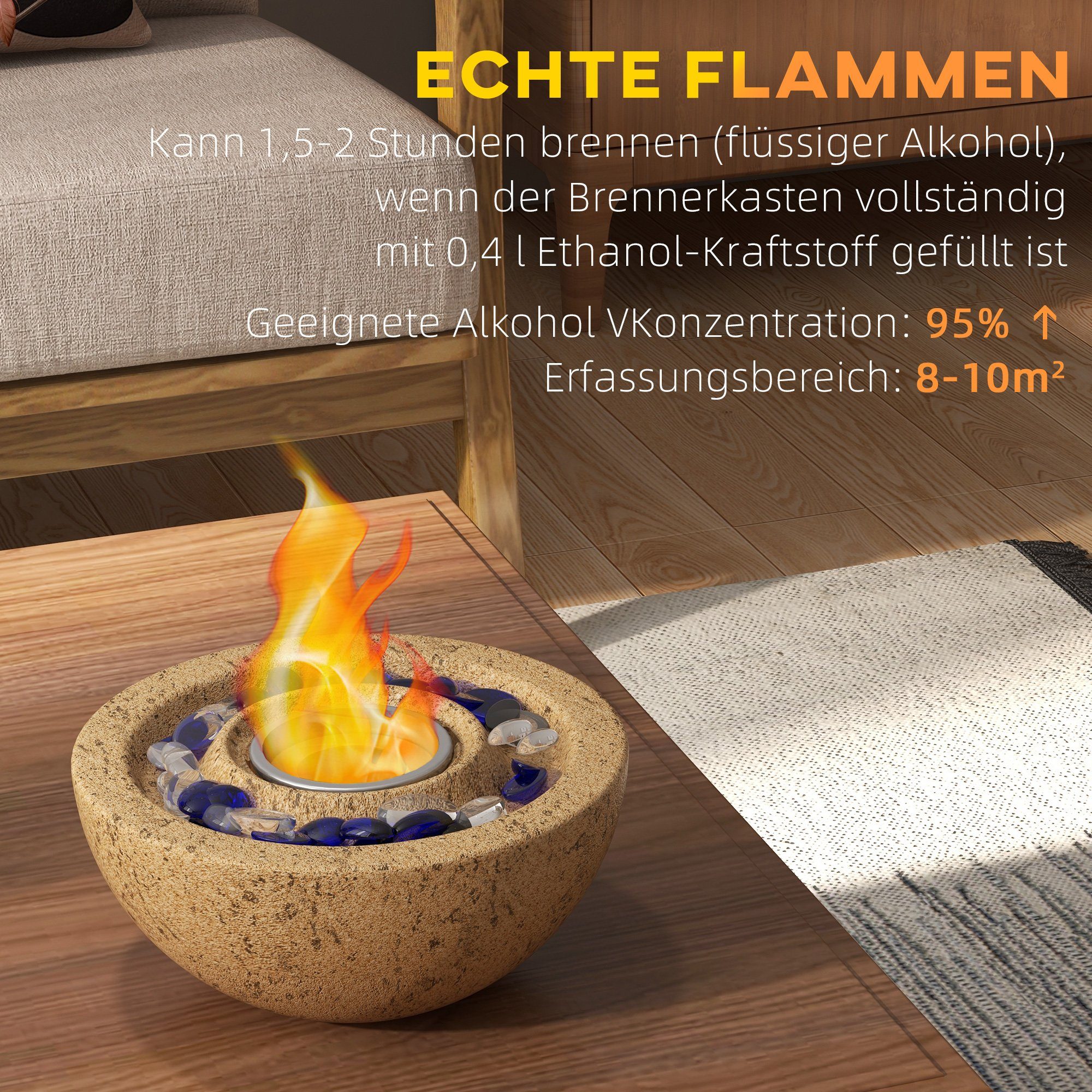 HOMCOM Echtfeuer-Dekokamin 0,4L Tischfeuer mit Feuerdeckel, Ethanol-Feuerschale mit Steinoptik (Ethanol Kamin, 1-St., Tischkamin), für bis 10 m² Wirkungsbereich, Gelb