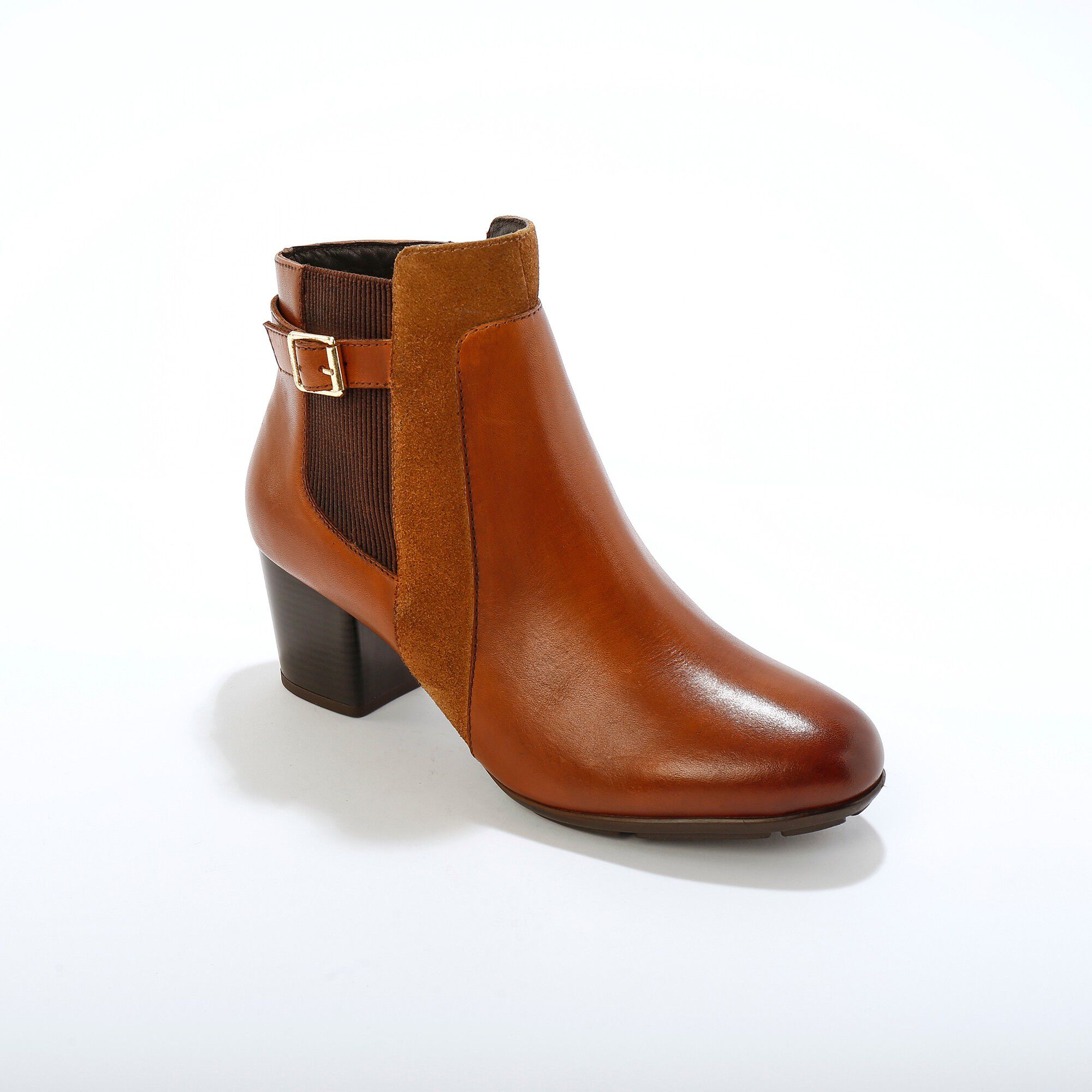 Boots en cuir bi-matière élastiquées à boucle et à talon