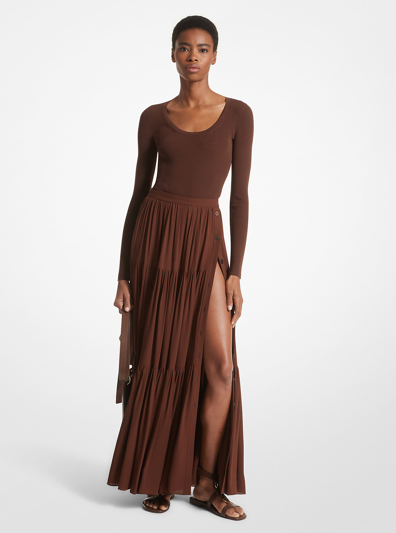 Silk Georgette Button-Front Skirt - NUTMEG
