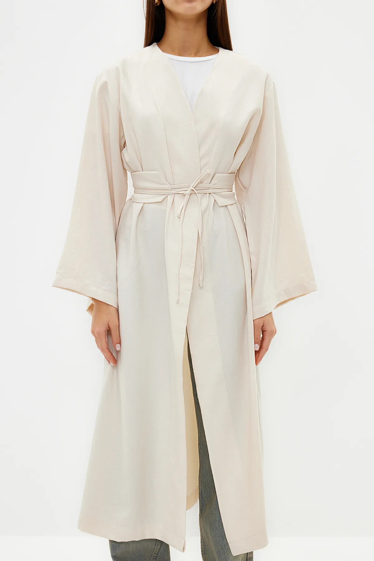 Trendyol Modest  Gewebter Kimono und Kaftan in Leinenoptik mit steinernem Taillenband-Detail TCTSS24KK00001