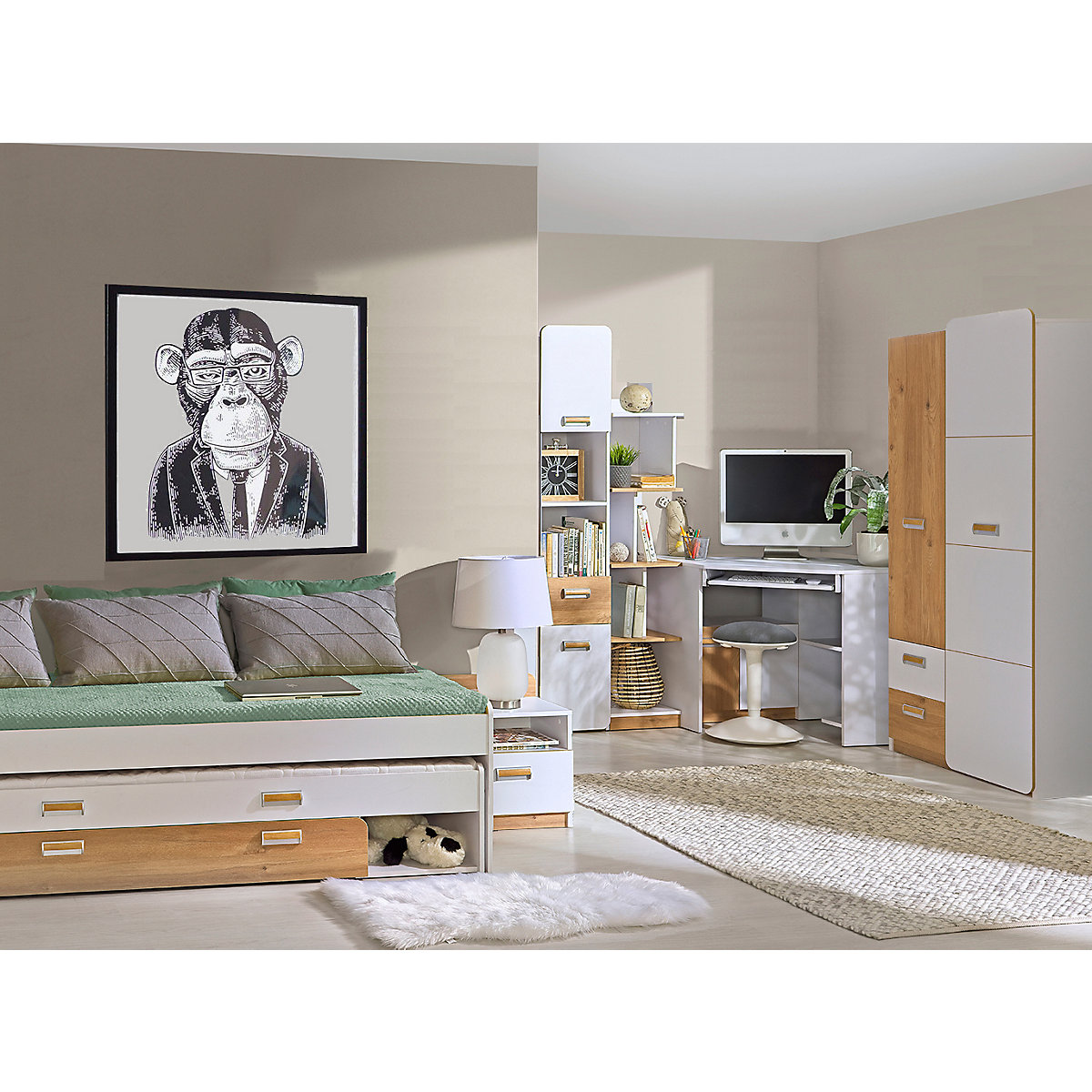 Jugendzimmer Set Lorento 6 teilig Komplett Set in Eiche und Weiß