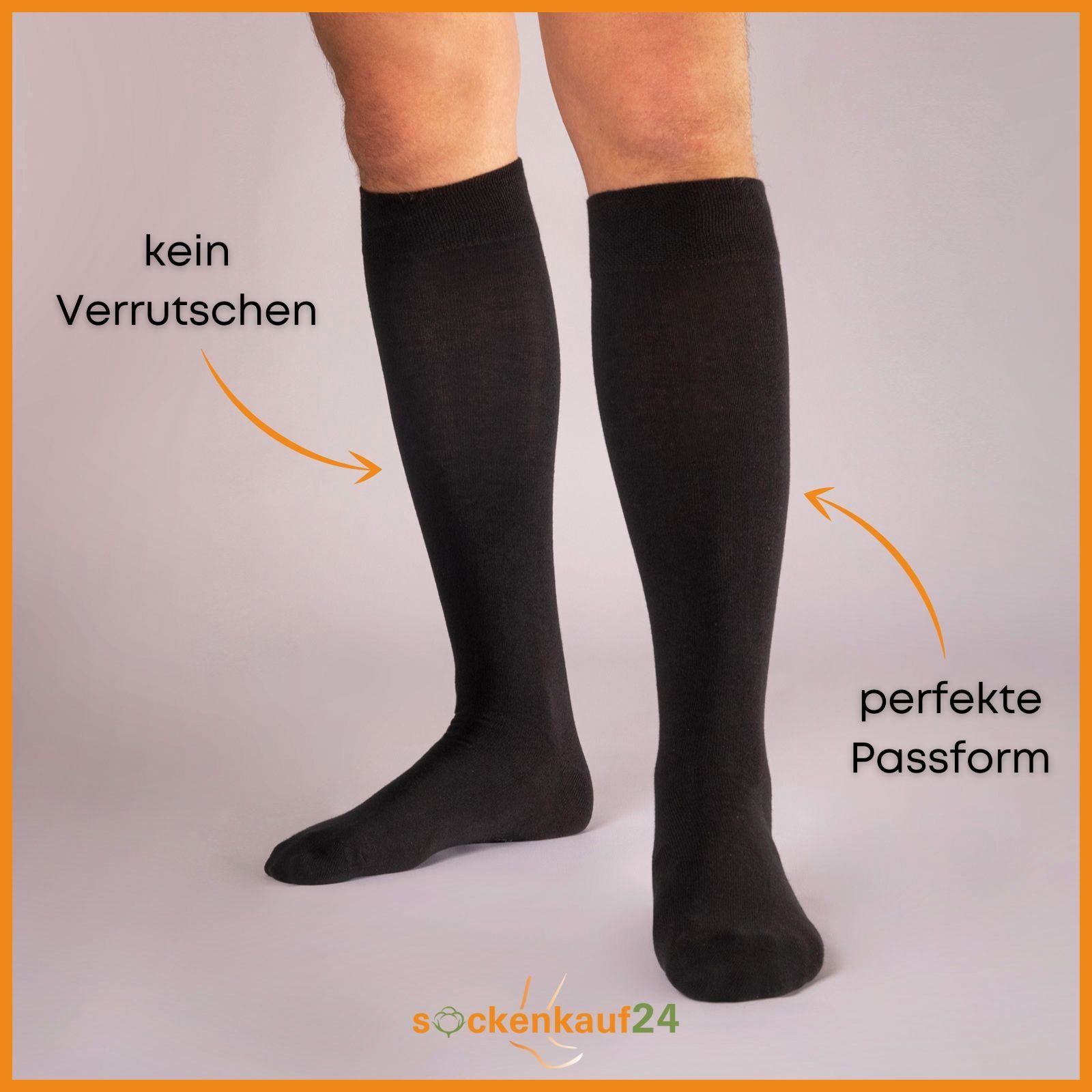 sockenkauf24 Kniestrümpfe 4 oder 8 Paar Damen & Herren Strümpfe (Schwarz, 4-Paar, 39-42) Baumwolle mit Komfortbund ohne Naht - 22105 WP
