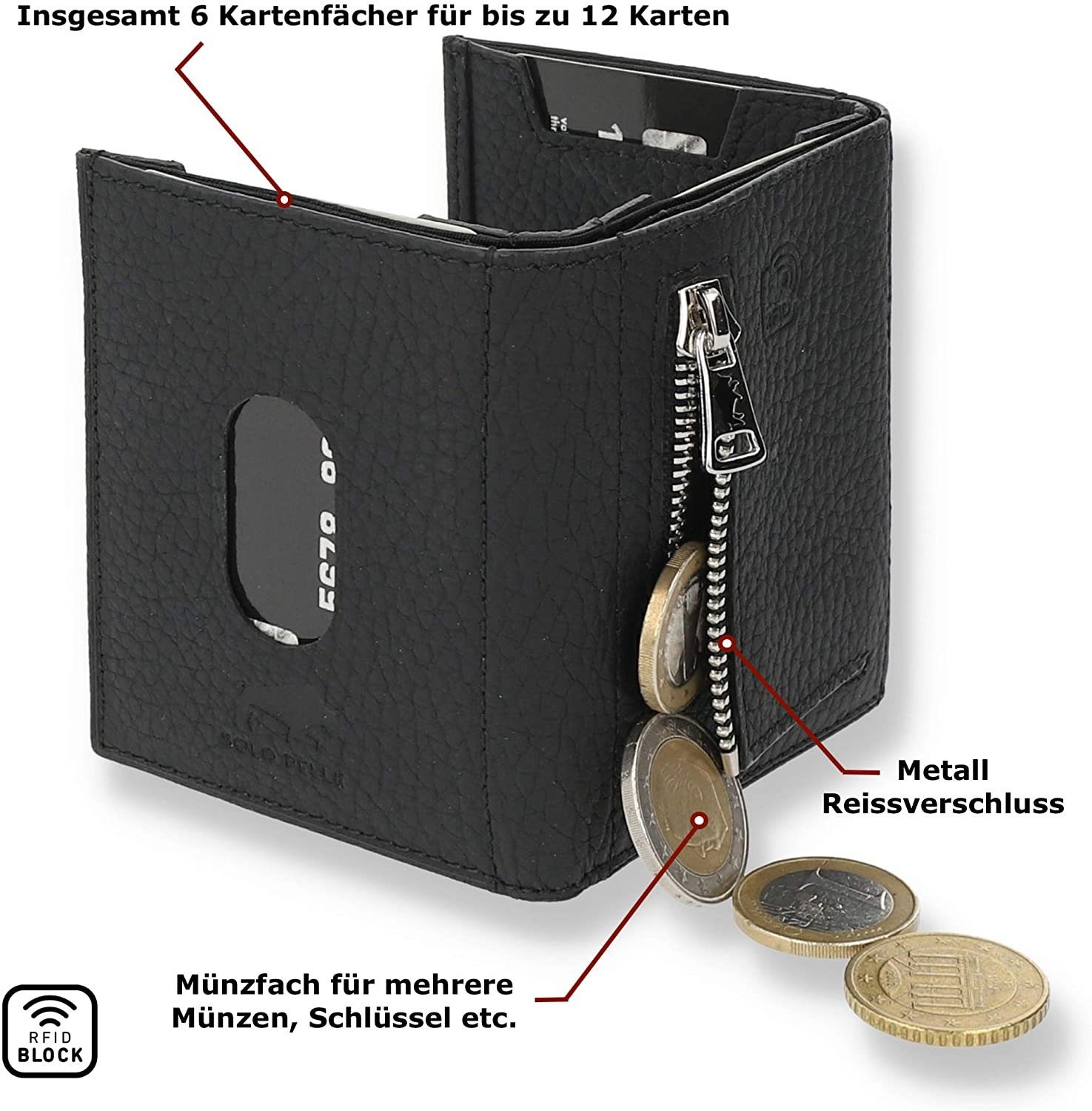 Solo Pelle Brieftasche Slim Wallet mit Münzfach [12 Karten] Slimwallet Riga [RFID-Schutz], echt Leder, RFID Schutz, Macde in Europe