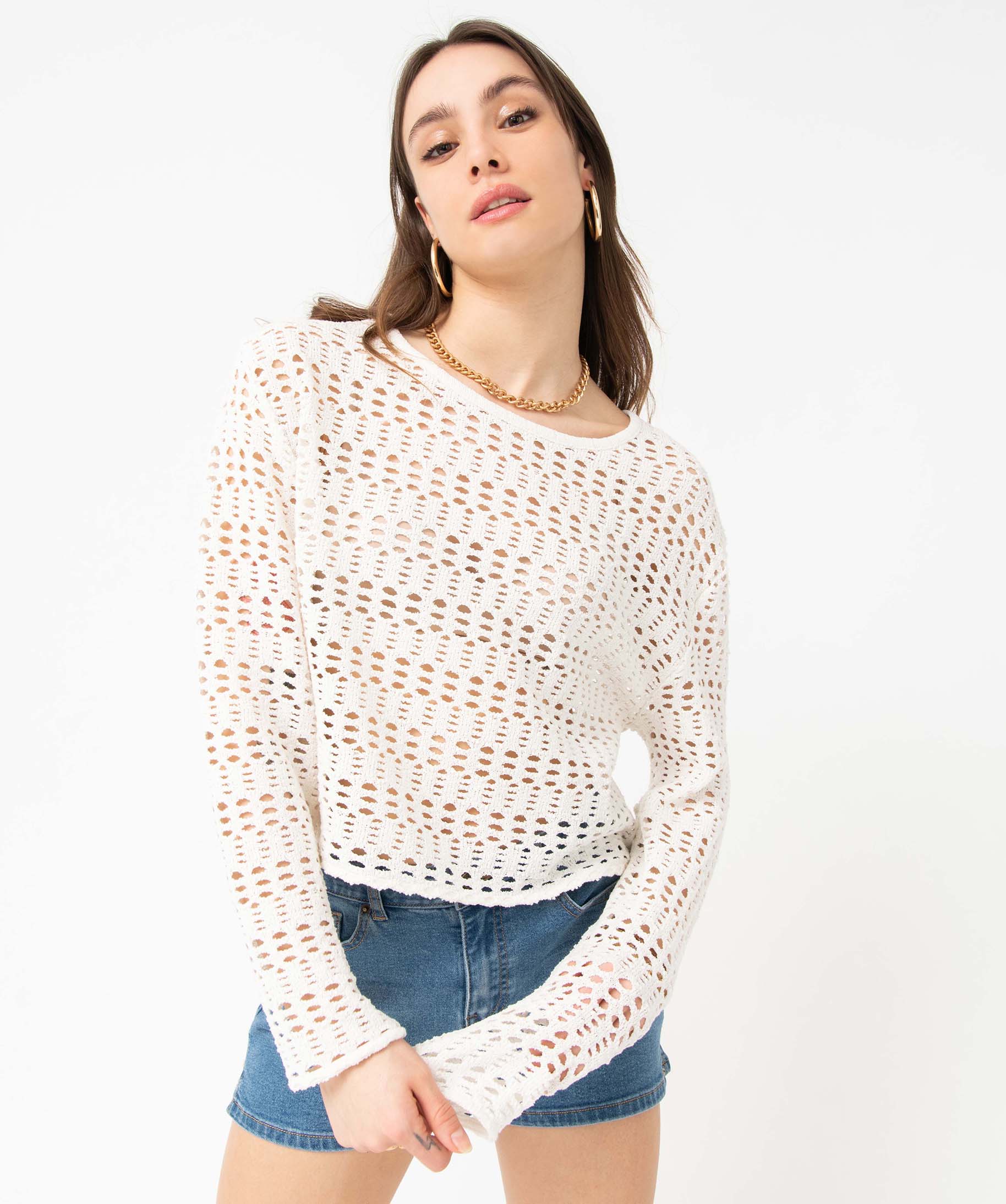 Tee-shirt femme à manches longues coupe courte et ajouré ecru | GEMO