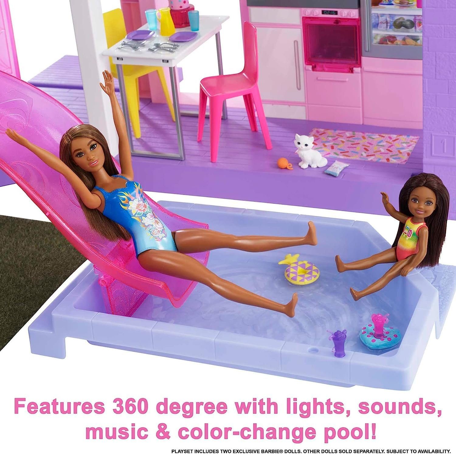 Barbie Puppenhaus Jubiläums Edition, 3-stöckiges Puppenhaus mit 6 Zimmern, Barbie-Pool, (Dreamhouse, Puppen Haus, Puppenhäuser, Set, mit Rutsche, 100-tlg., ab 3 jahren, Puppenvilla Dollhouse, Film, Beleuchtung), Puppenhaus Barbie xxl groß, The Movie,