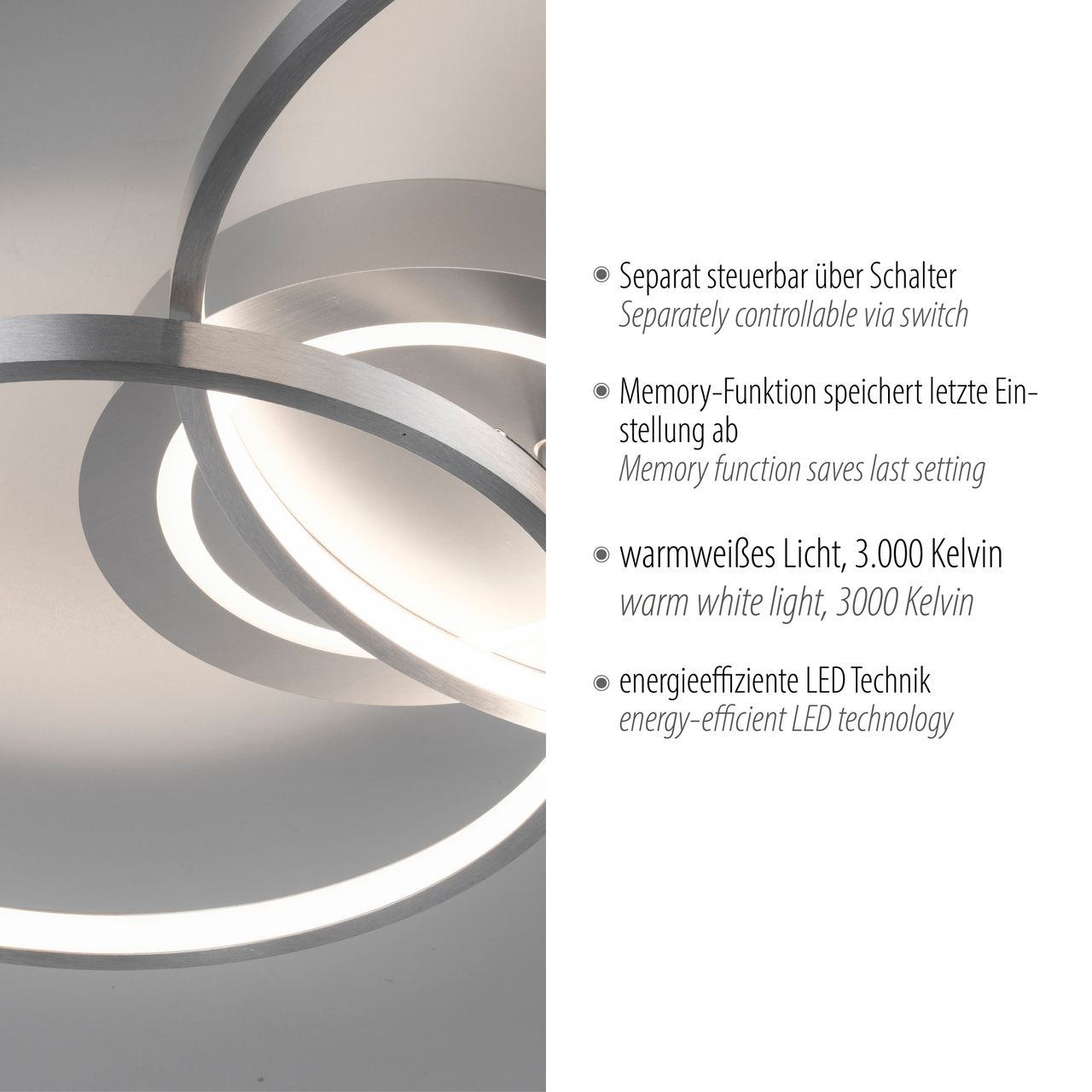 JUST LIGHT Deckenleuchte ASMINA, separat steuerbar, Memoryfunktion, Aluminium
