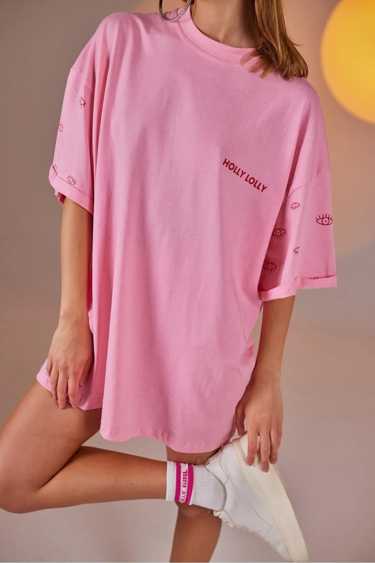 HOLLY LOLLY  Eye bedrucktes Oversize-Eye-T-Shirt-Biker-Strumpfhosen-Set in Rosa