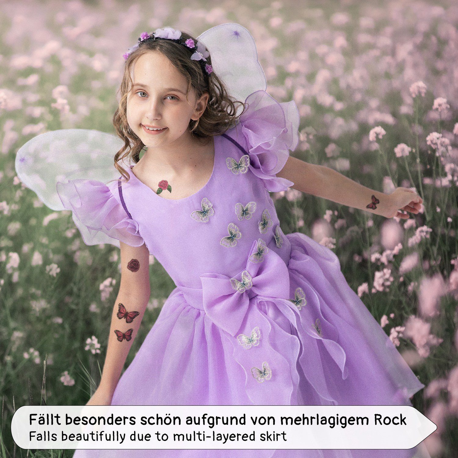 Corimori Prinzessin-Kostüm Prinzessin Kleid Kostüm-Set für Kinder Schmetterling, mit Tattoos & Haarband, Feen-Kleid, Fasching, lila, Fee, Mädchen