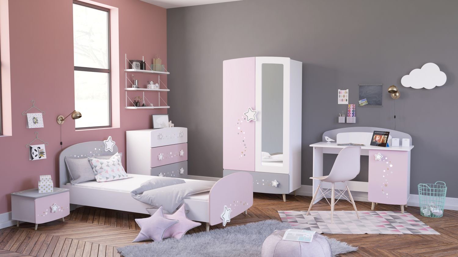 Kindermöbel 24 Schlafzimmer-Set Kinderzimmer Mädchen Sternschnuppe 5-teilig rosa weiß grau