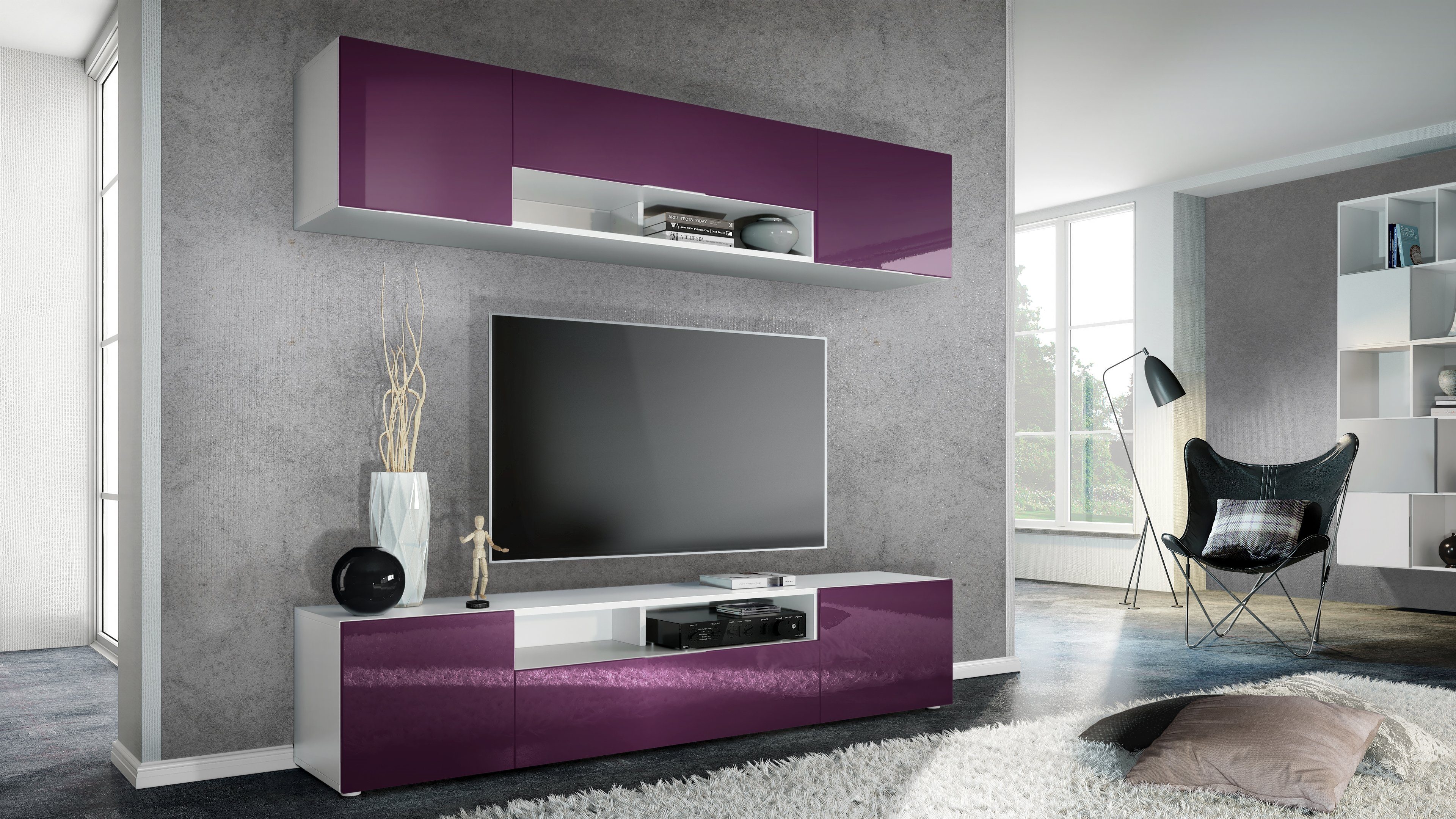 Vladon Wohnwand Mogan, (Anbauwand bestehend aus 2 TV-Boards, 2-St., mit jeweils 2 Türen, 1 Klappe und 1 offenes Fach), Weiß matt/Brombeer Hochglanz 2x (181 x 39 x 35 cm)