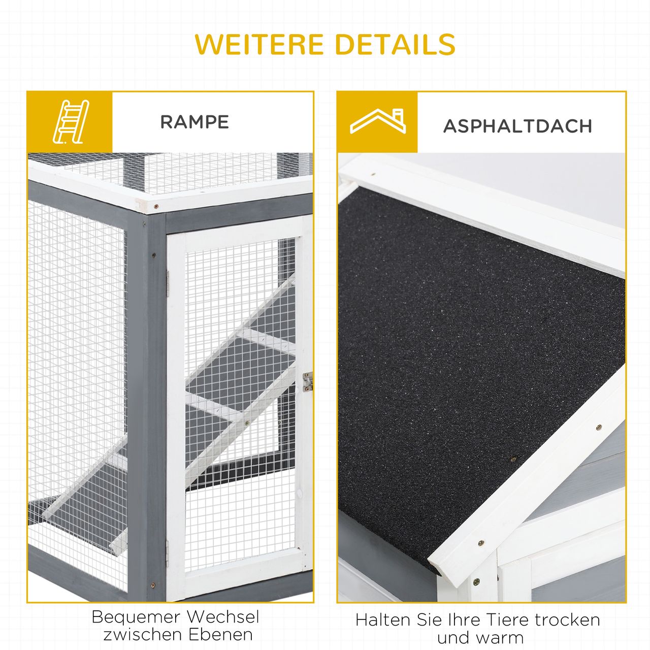 PawHut Kaninchenstall Tannenholz Outdoor Indoor Kleintierstall Kleintierhaus Kleintierkäfig Herausnehmbare Bodenwanne und Rampe Grau Schwarz Weiß 122 x 62,6 x 92 cm