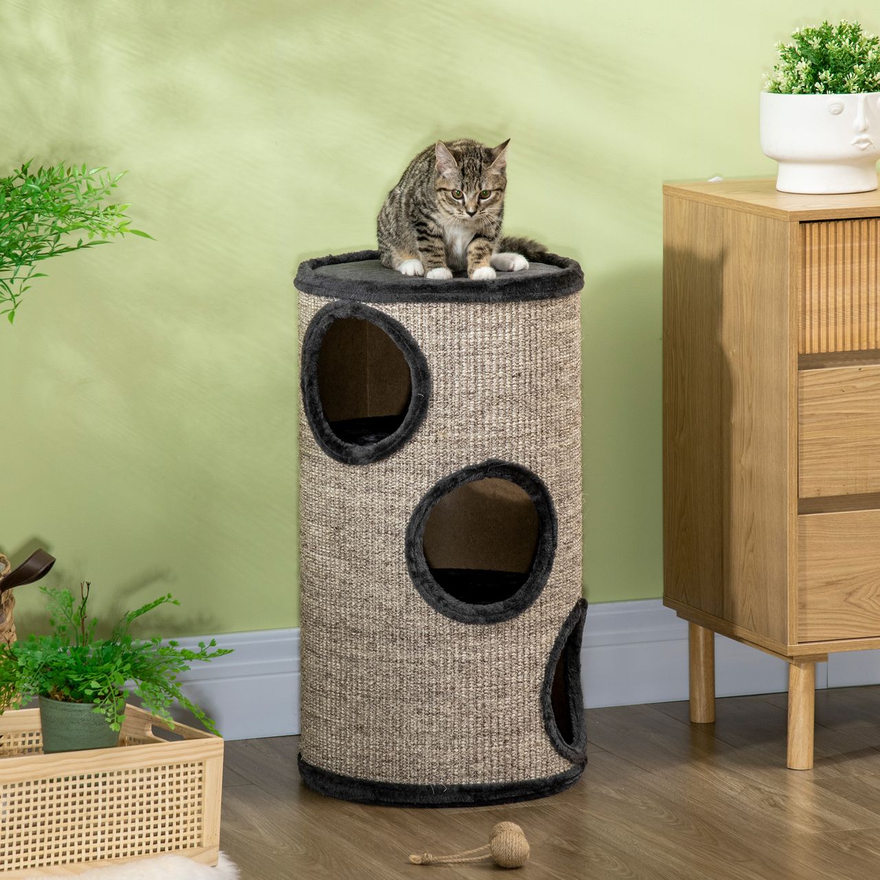 PawHut Kratztonne, Katzenkratzbaum mit 3 Höhlen, Spieltonne für Katzen, Grau