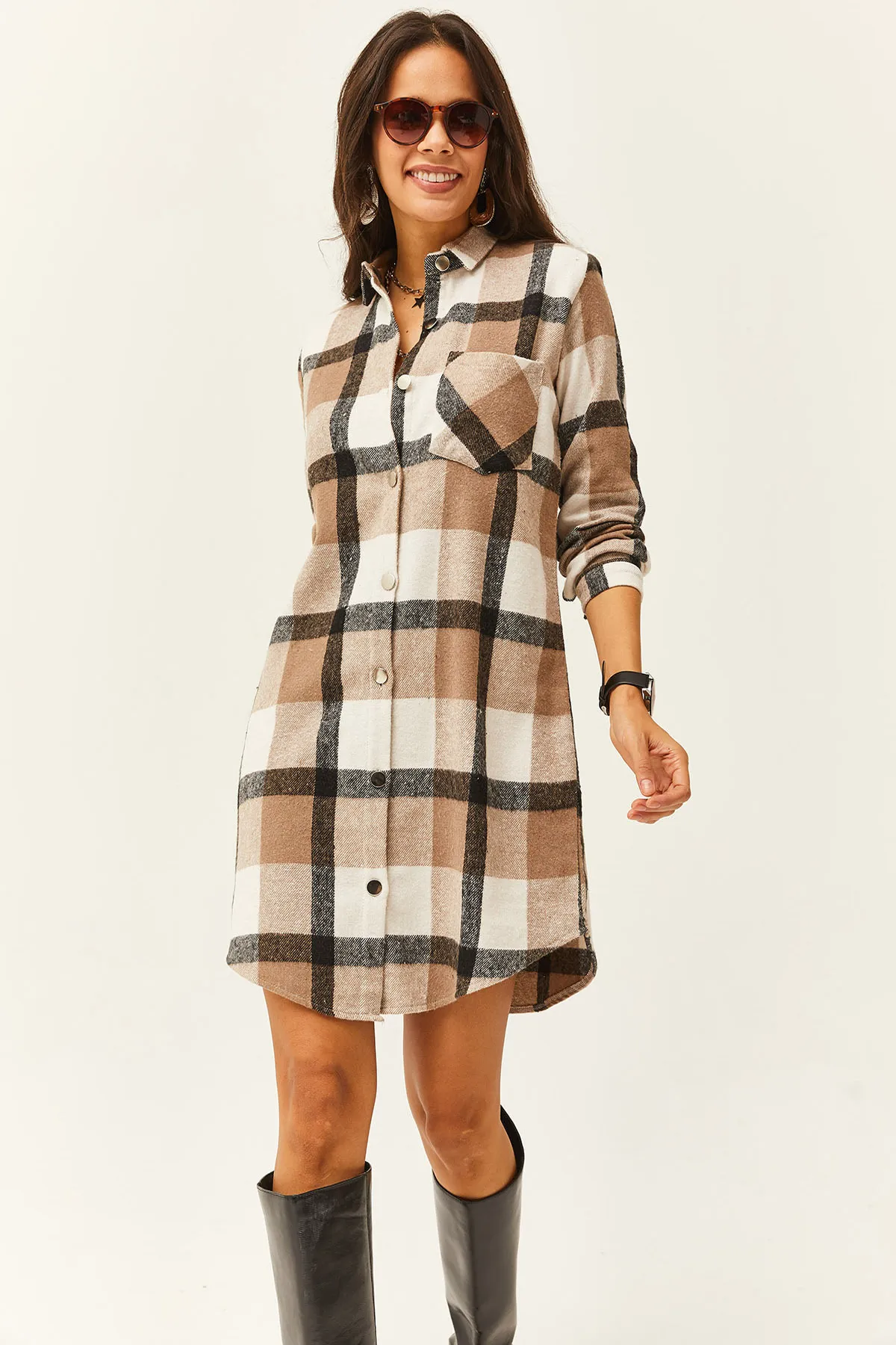 Olalook  Damen Schwarz Grau Lumberjack Dickes Plaid Tunika Kleid ELB-19000836