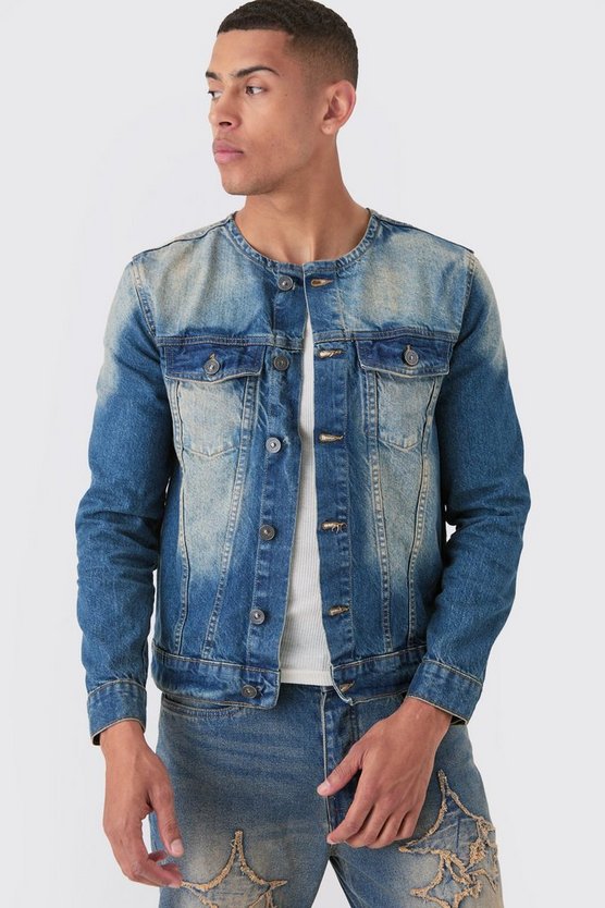 Kragenlose Jeansjacke in Antik-Waschung
