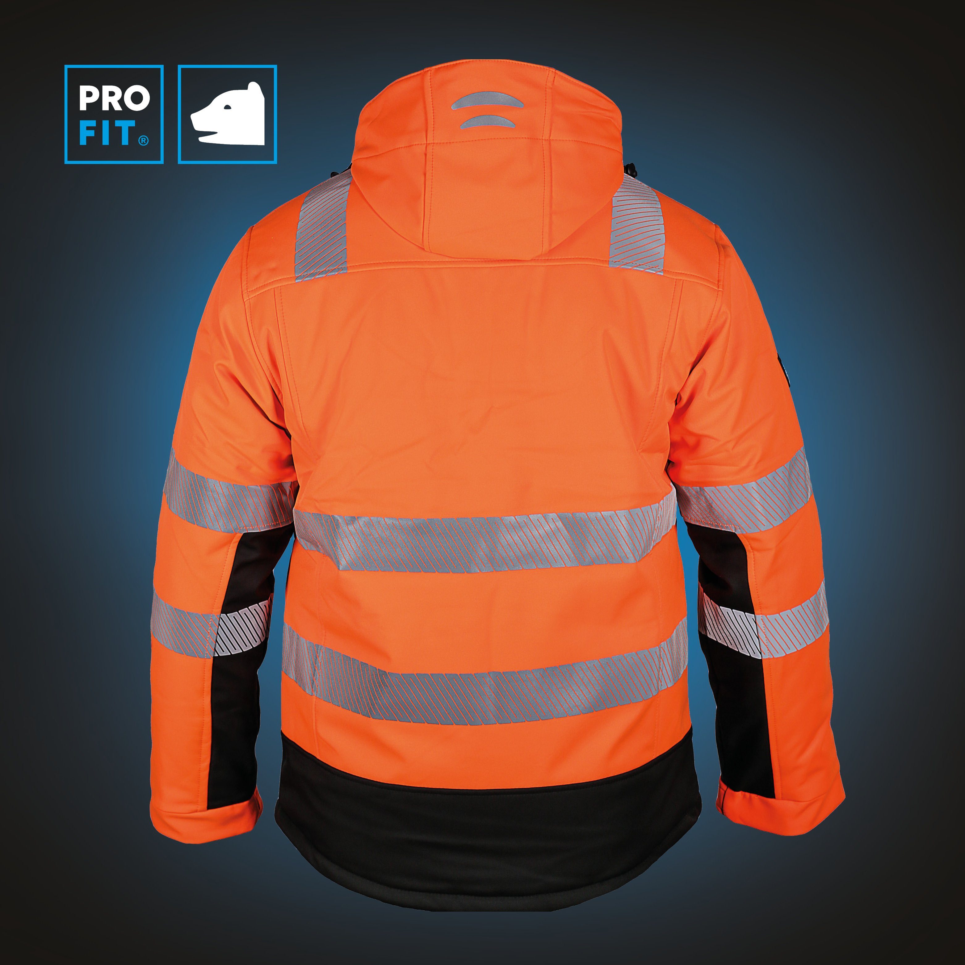 PRO FIT by Fitzner Arbeitsjacke Winter Warnschutz-Softshelljacke Neonorange/Schwarz (1, Stück) Wind- & Wasserabweisend, Reflektionsstreifen, Steppfutter, Atmungsaktiv