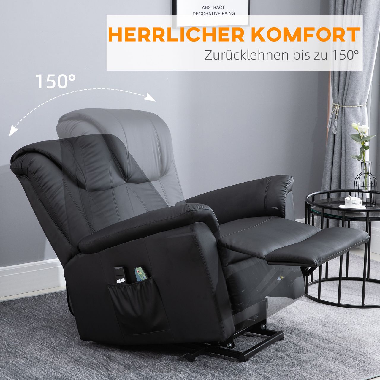 HOMCOM Sessel mit Aufstehhilfe, Verstellbarer Massagesessel Kunstleder Schwarz