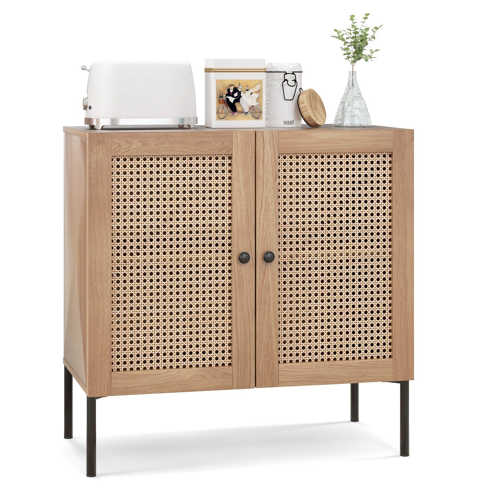 COSTWAY Sideboard, mit Arbeitsplatte, Rattantüren&verstellbarem Regal, 80cm