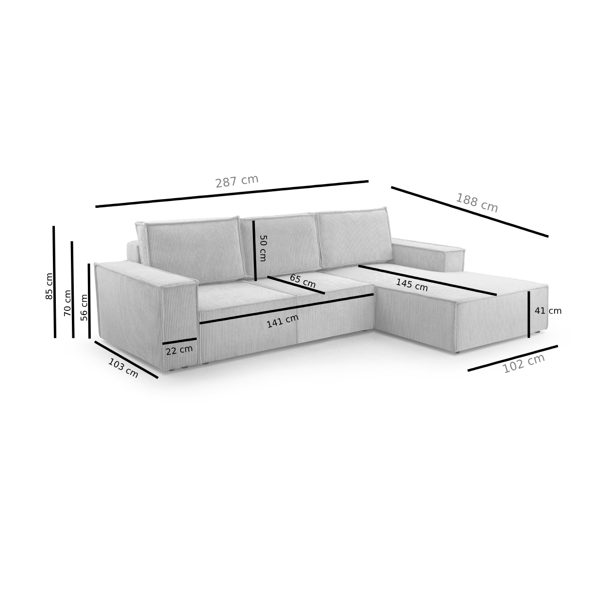 Möbel Punkt Wohnlandschaft Ecksofa Beige Genf Cord XL mit Bett Kopfteilverstellung Bett Sofa Schlafsofa Ottomane rechts links universell
