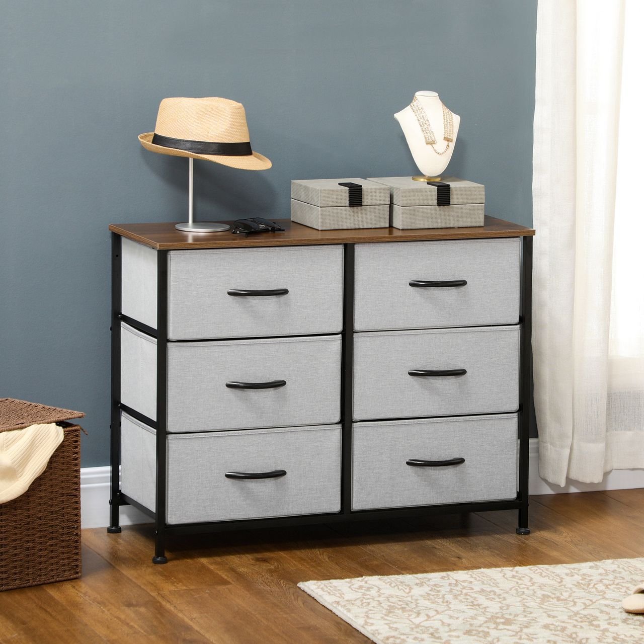 HOMCOM Kommode Schubladenschrank Sideboard mit 6 klappbaren Stoffschubladen Grau