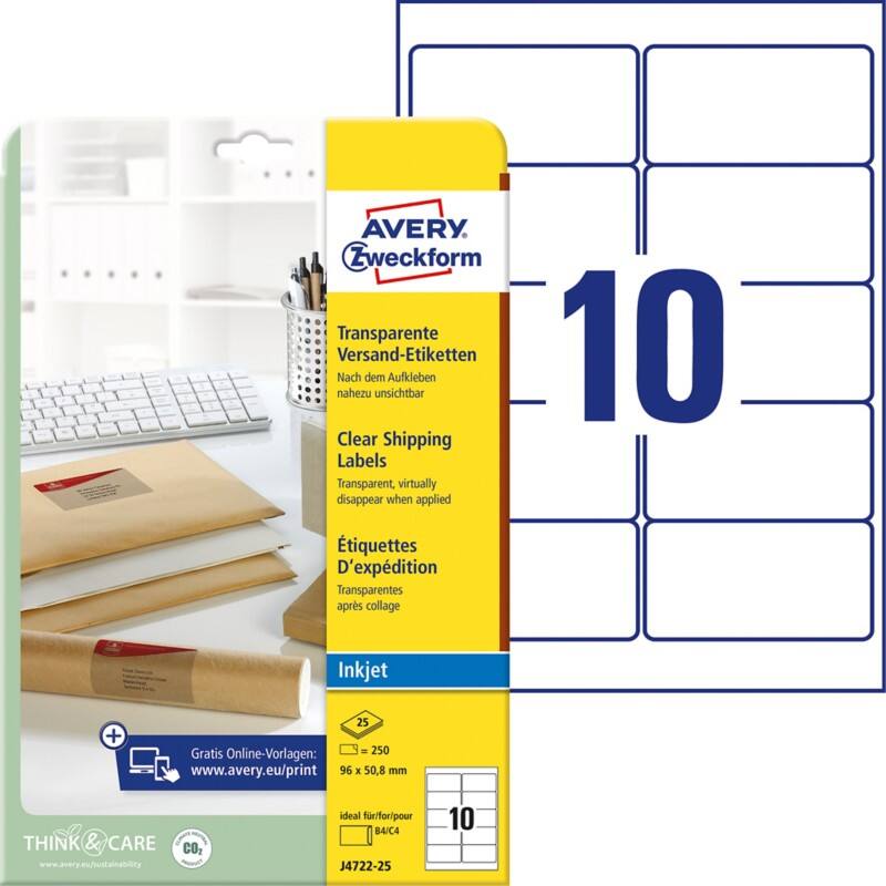 AVERY Zweckform Abziehhilfe QuickPEEL Versandetiketten J4722-25 Selbsthaftend DIN A4 Transparent 96 x 50,8 mm 25 Blatt à 10 Etiketten