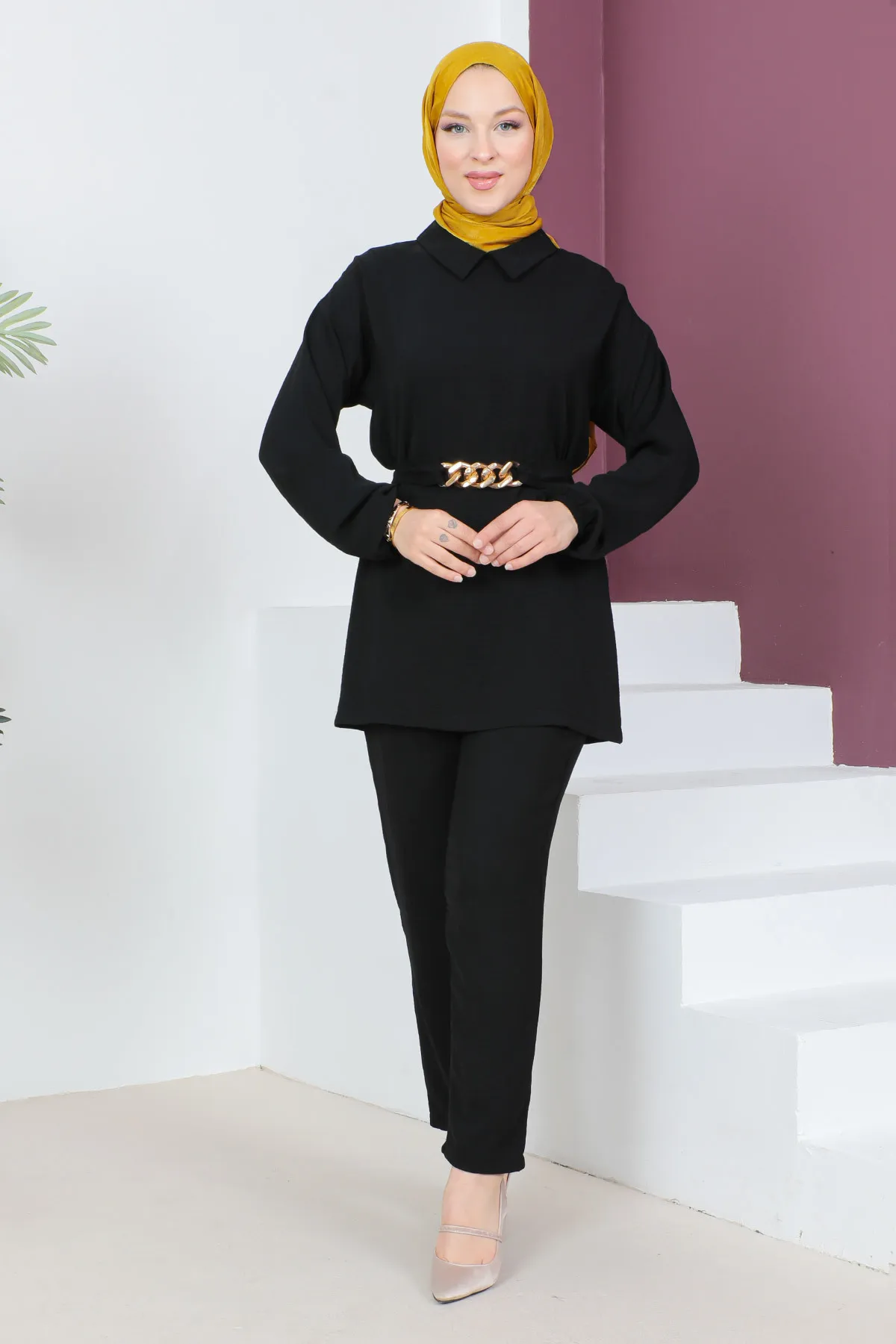 Tesettür Dünyası  Gürtel-Detaillierter Anzug TSD230540 Schwarz