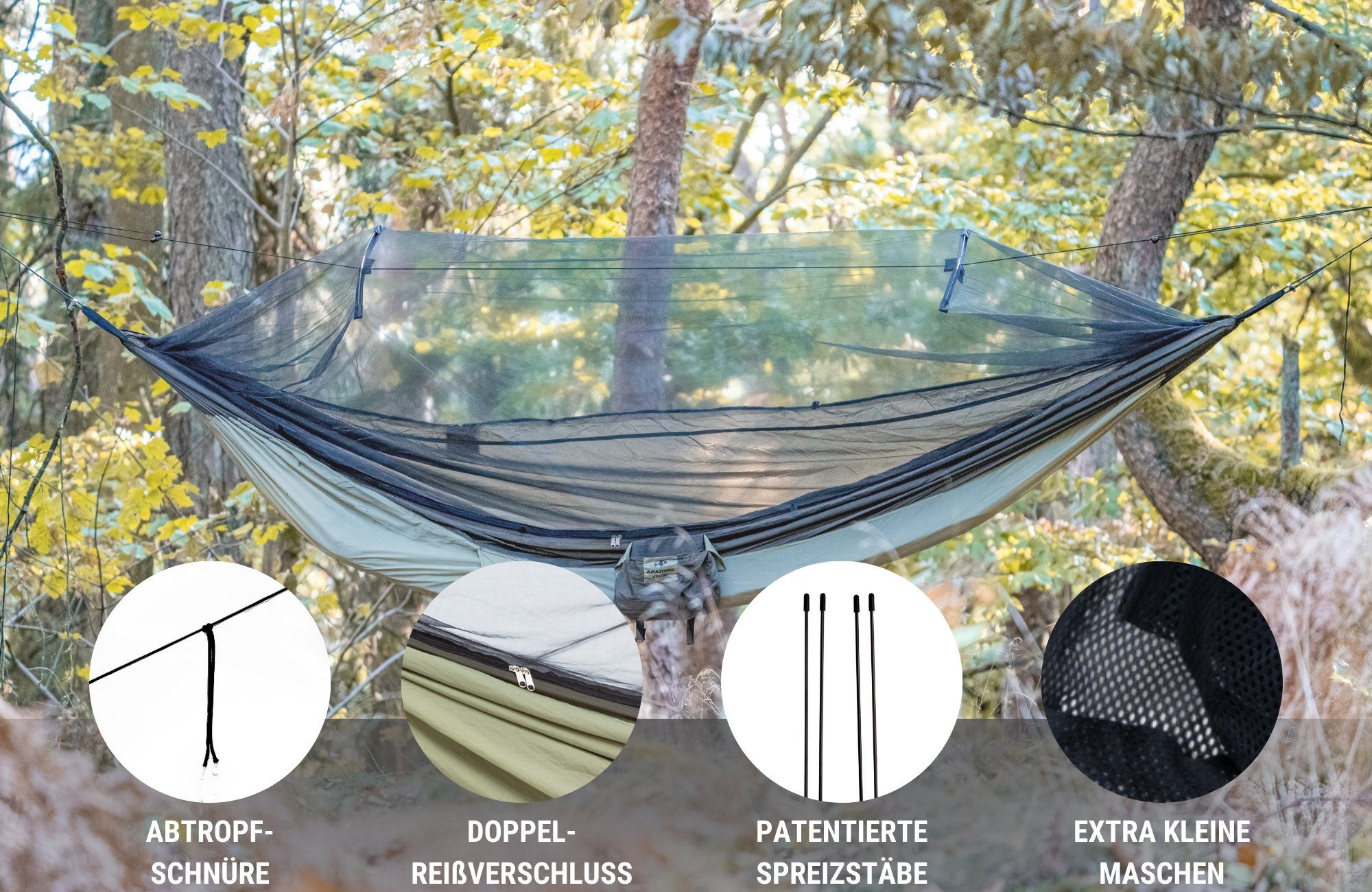 Amazonas Hängematte Moskito Traveller Thermo, Ultra Light Hängematte inkl. Moskitonetz und Isomattenfach