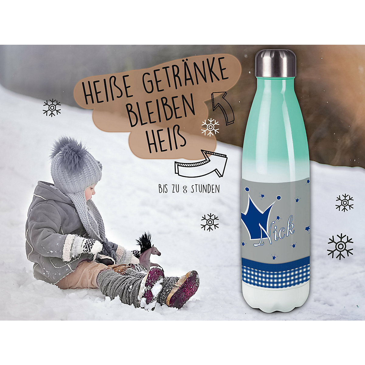 Edelstahl Kinder Thermoflasche / Trinkflasche bunt Krone Farbe blau grau Spülmaschinenfest, Auslaufsicher, Bruchfest, Doppelwandig, Für Heißgetränke geeignet, Mit Deckel, Isoliert