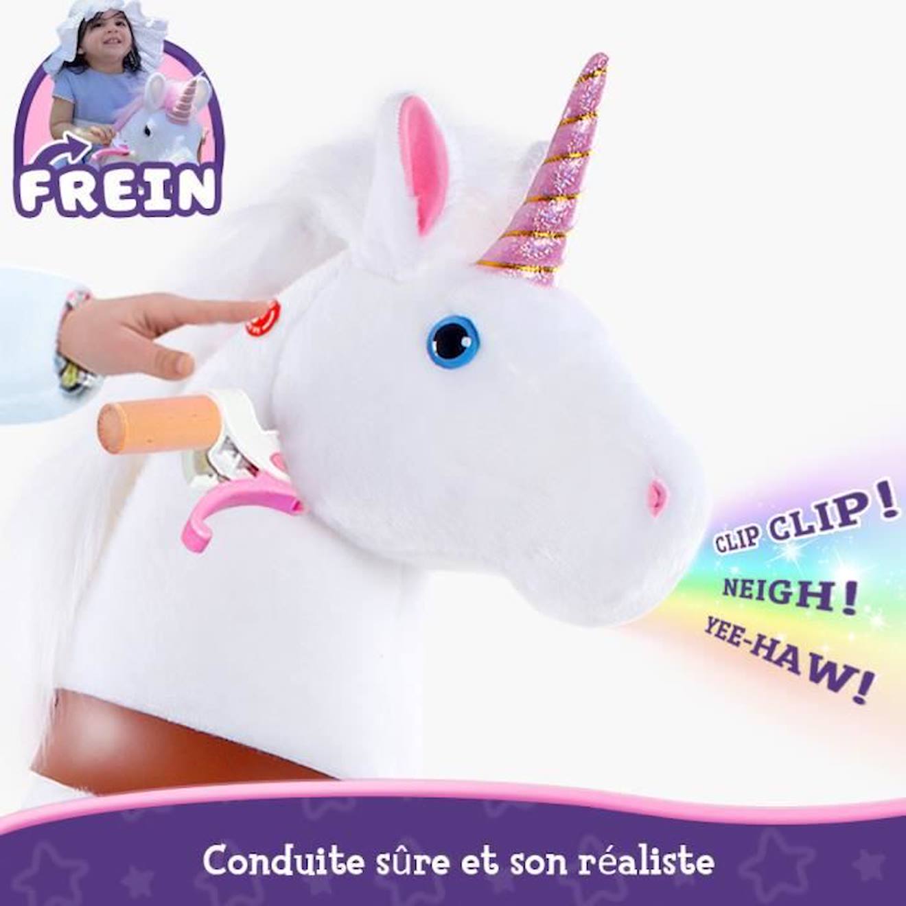 PonyCycle Modèle U Animal qui marche Peluche licorne blanche à roulettes avec frein Taille 4 pour les 4-9 ans Ux404 blanc