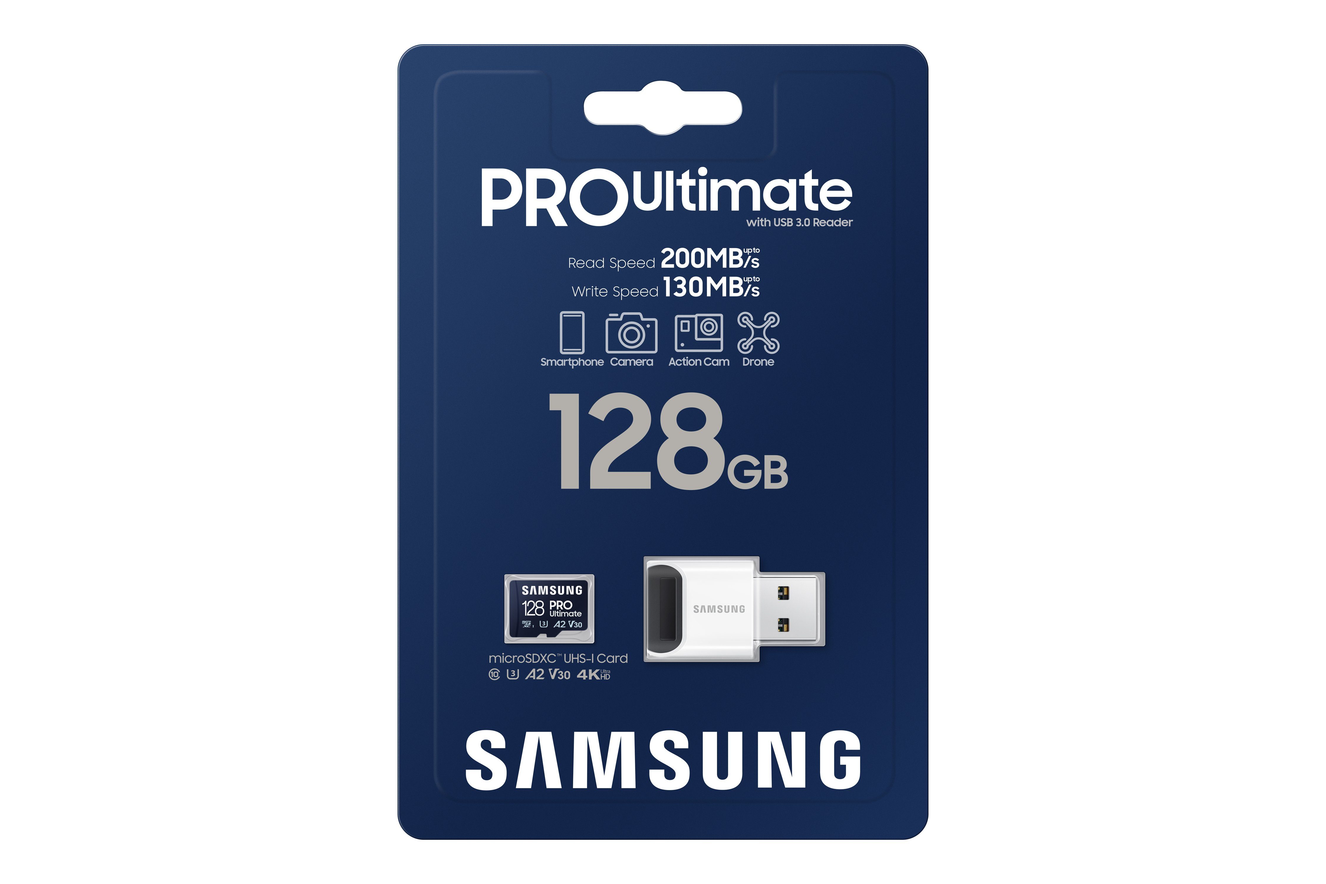 Samsung Pro Ultimate MicroSD Speicherkarte (128 GB, 200 MB/s Lesegeschwindigkeit, mit USB-Kartenleser)