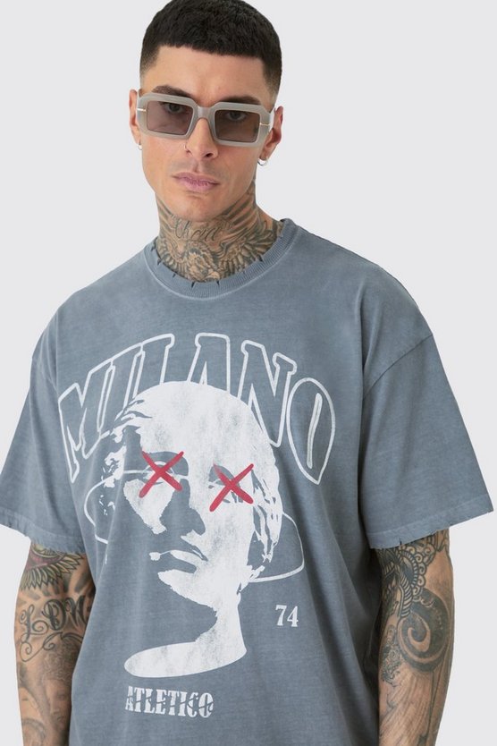 Tall zerrissenes Oversize T-Shirt mit Milano-Print