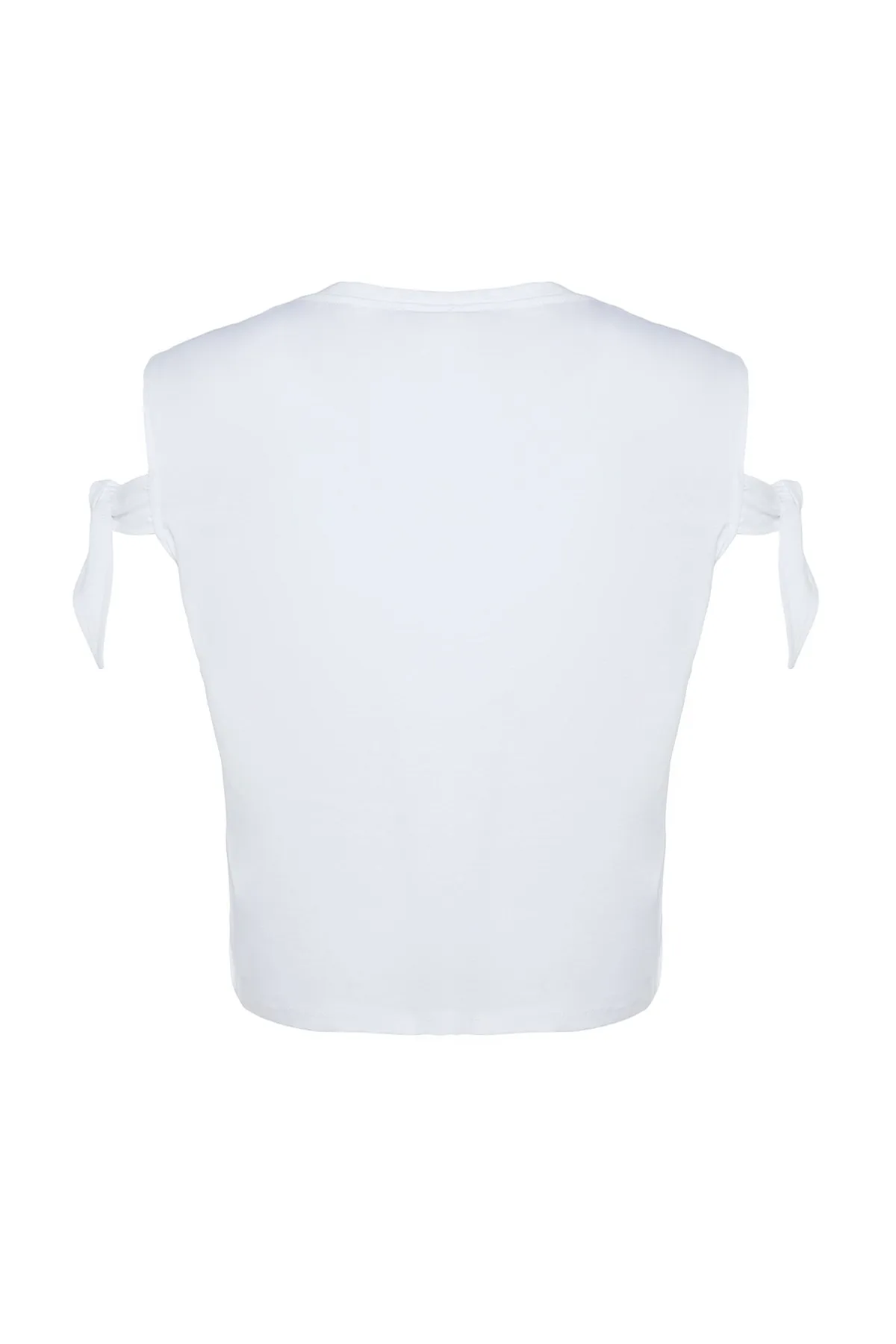 Trendyol Curve  Weißes Strick-T-Shirt mit Bindedetail an den Ärmeln TBSSS22BF0003