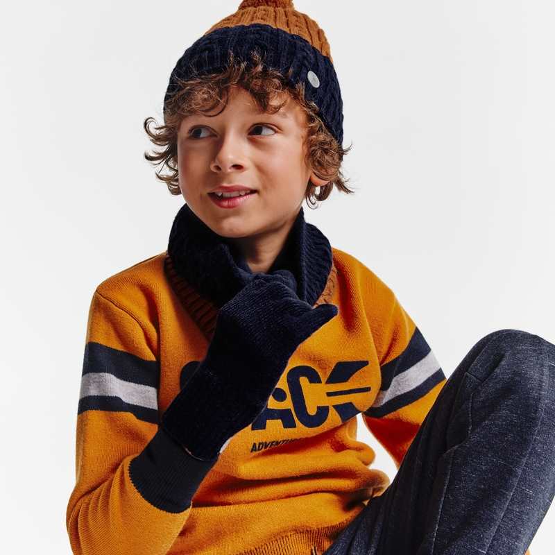 Ensemble bonnet, gants et snood torsadés beige garçon
