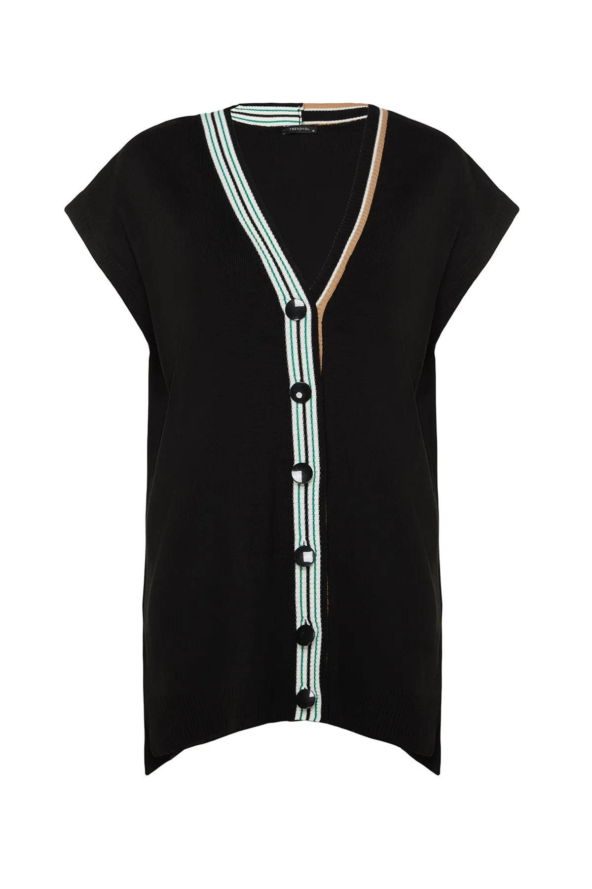 Trendyol Modest  Schwarzer Strickpullover mit Streifen und Kragen und detailliertem Ausschnitt TCTAW22UV0002