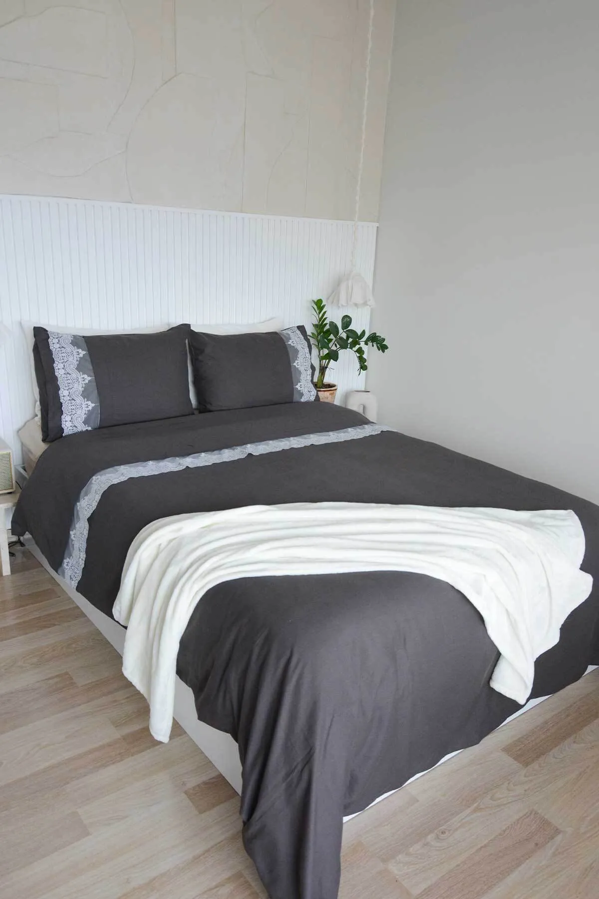 Elart  Bettbezug-Set für Doppelbett, 100 % natürliche Baumwollspitze, 3-teilig, Türkis-Anthrazit