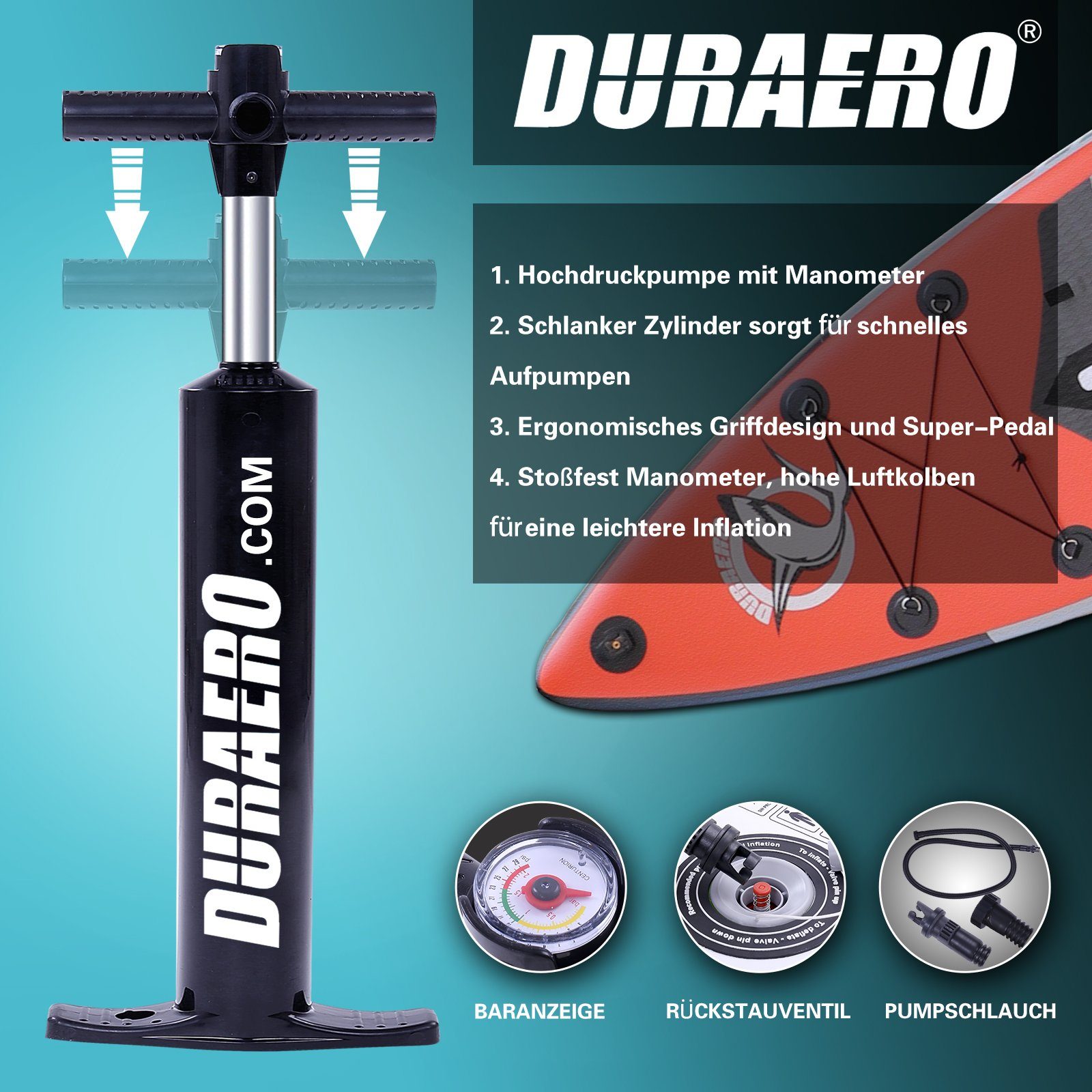 DURAERO Inflatable SUP-Board Stand up paddle Board, Action-Cam Halterung, 330x76x15cm, bis 150kg