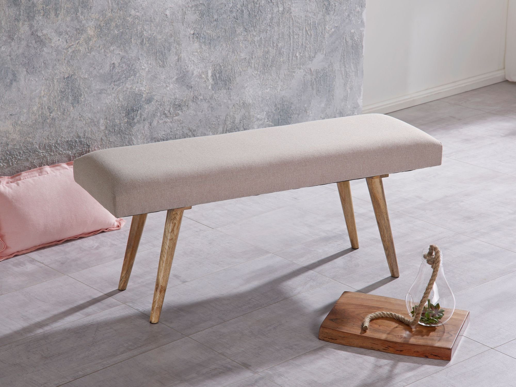 FINEBUY Hockerbank FB49206 (Stoff / Massivholz Bank Beige 117x51x38 cm Retro), 2er Polsterbank Flur, Stoffbank Sitzbank Klein