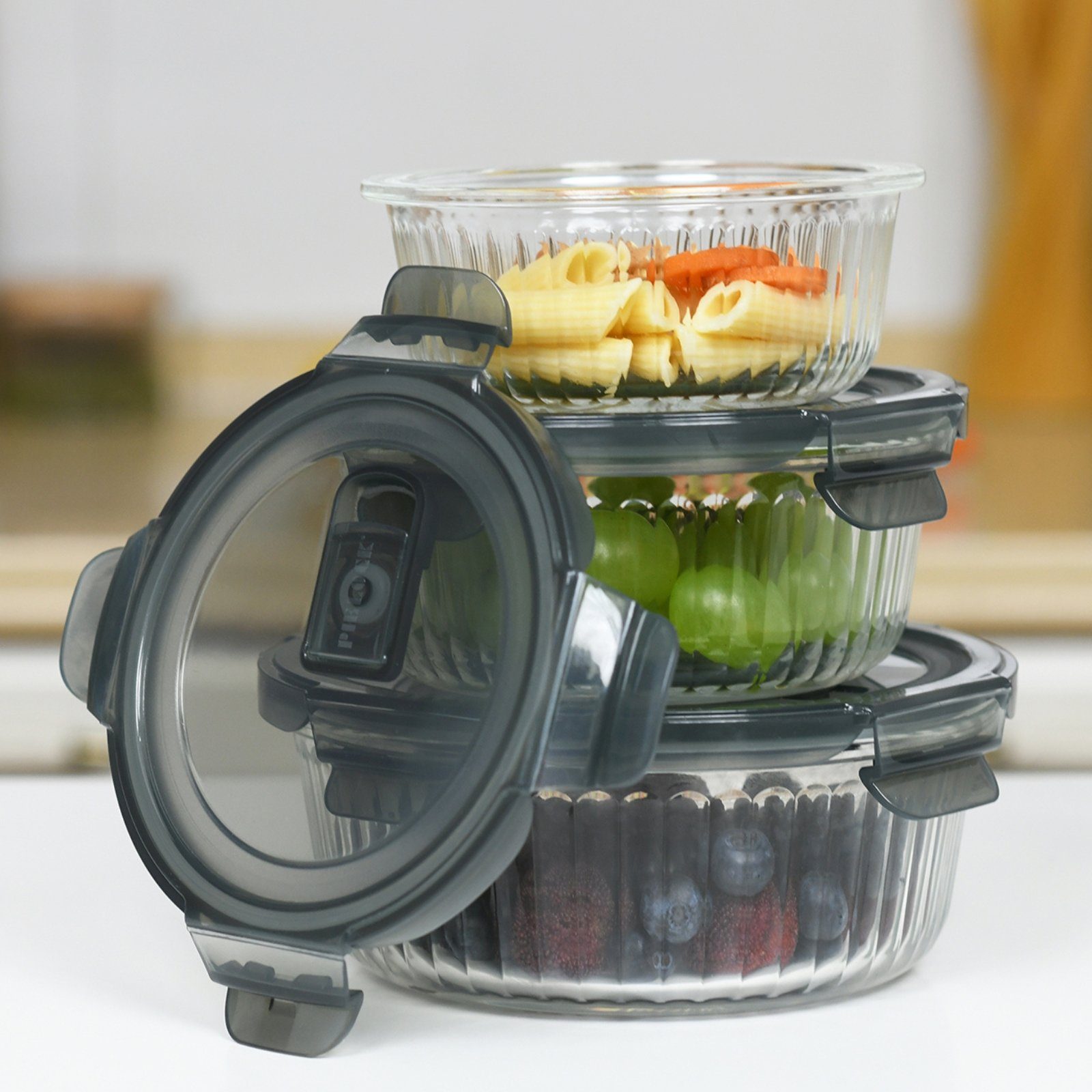 PIE LOCK Vorratsdose Vorratsdosen Glas mit Deckel - Frischhaltedosenset, Borosilikatglas, (PIE LOCK, 3 tlg. rund, Vorratsdosen-Set, Borosilikatglas, Mikrowellendeckel, 400ml, 620ml, 950ml, stapelbar, Frischhaltedose, Brotdose, Meal Prep, 6-tlg., Prem