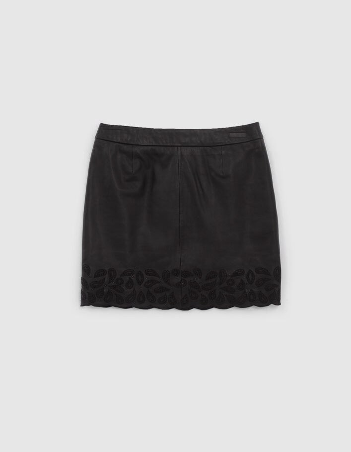 Jupe courte noire en cuir brodé Femme
