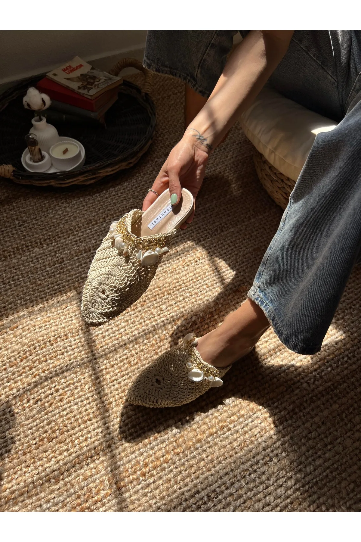 NİŞANTAŞI SHOES  Lisa Beige Gestrickte Damenhausschuhe mit Muscheldetails