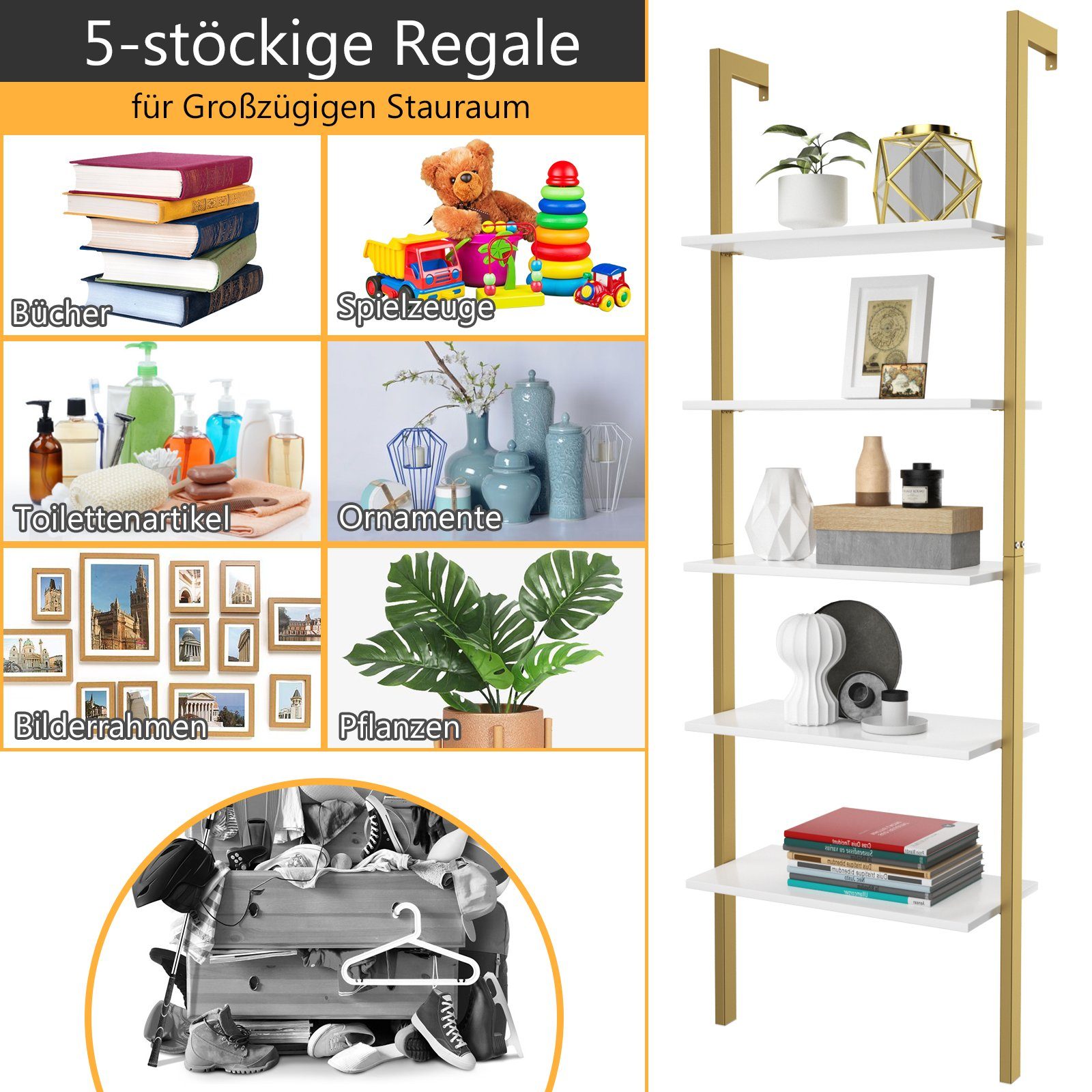COSTWAY Leiterregal Bücherregal, 5-stufig, mit Metallrahmen, 183 cm