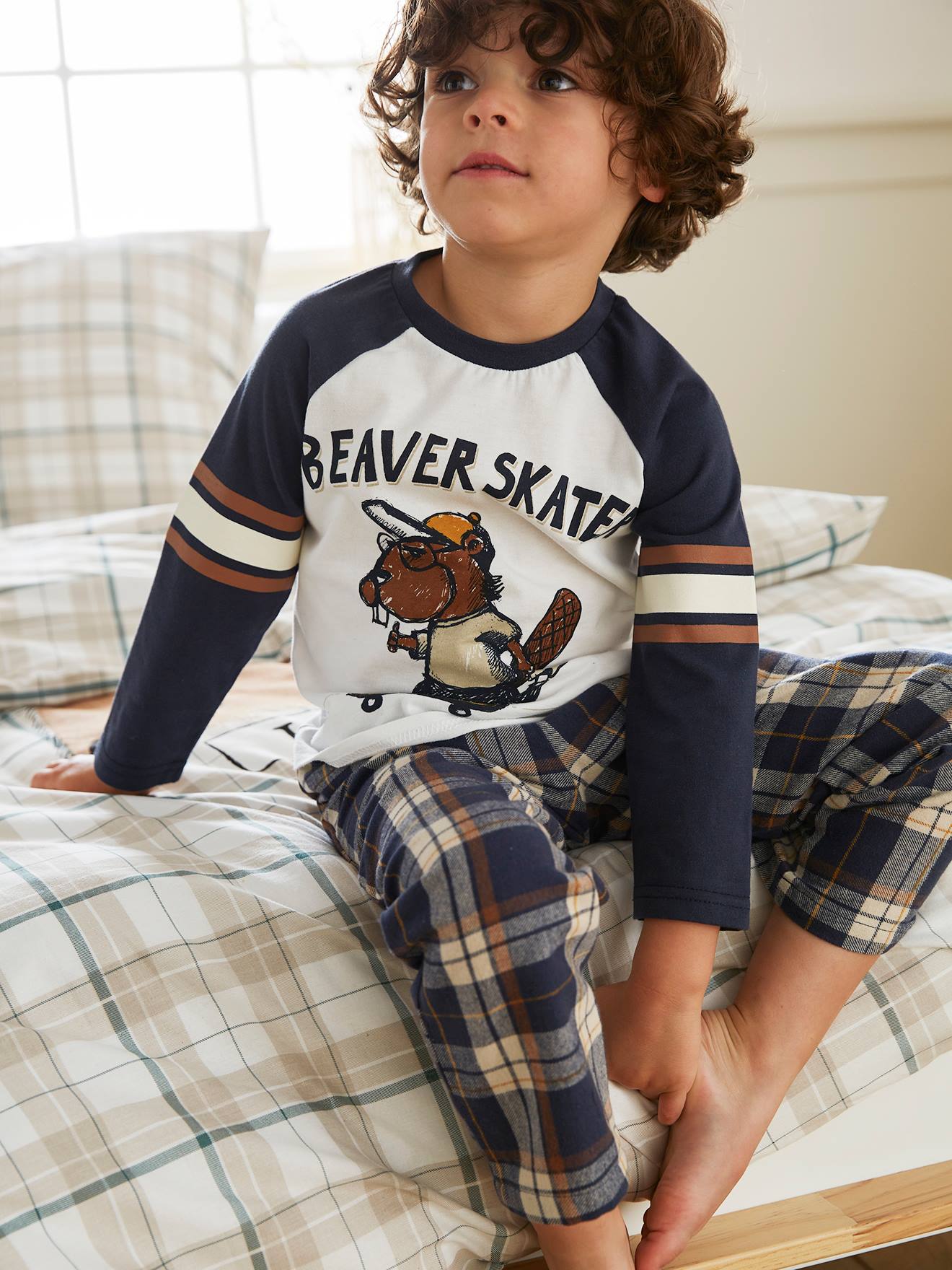 Pyjama castor garçon avec bas en flanelle bleu fonce