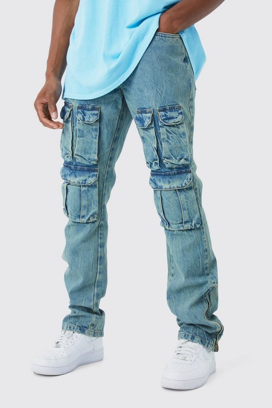 Slim-Fit Cargo-Schlagjeans mit Reißverschluss