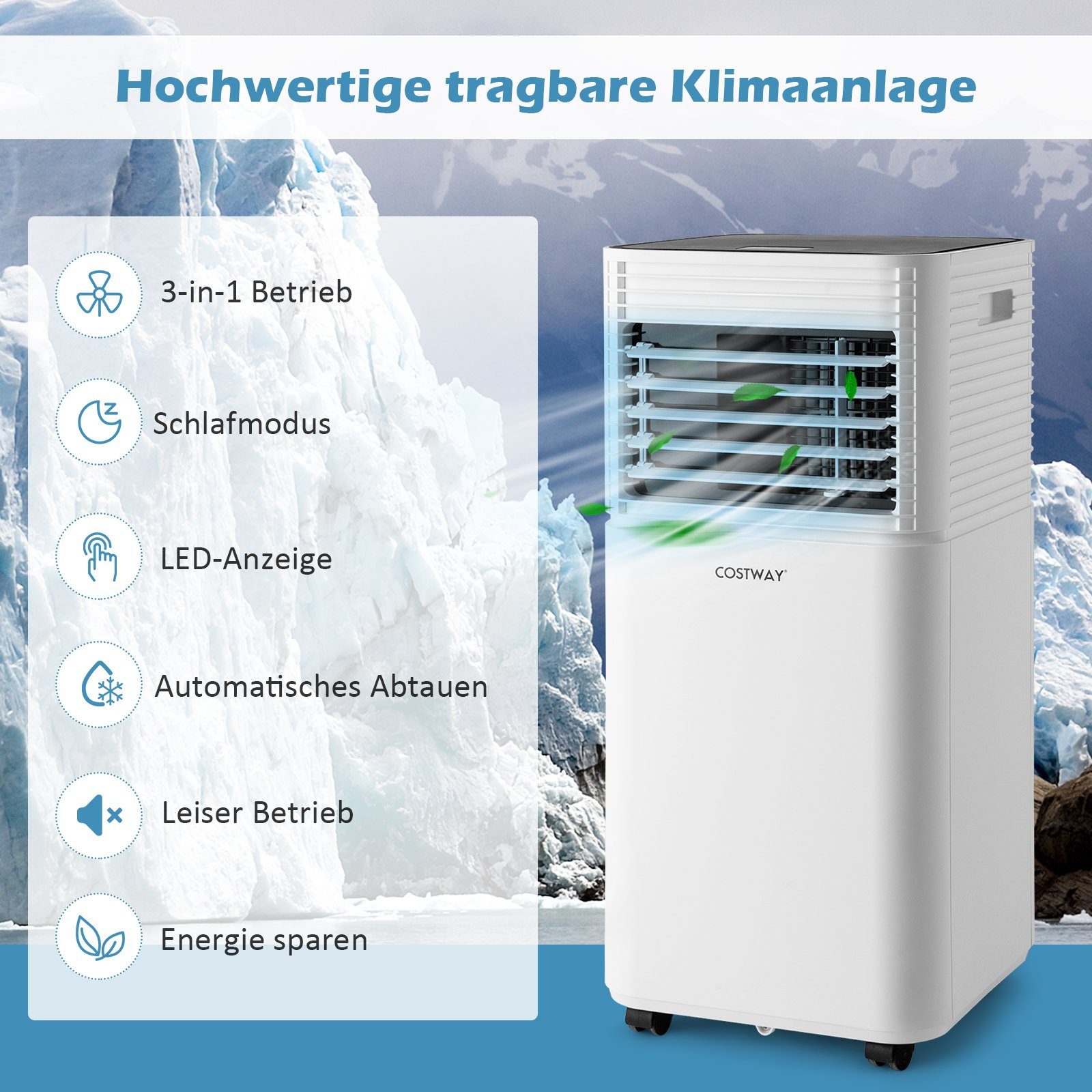 COSTWAY 3-in-1-Klimagerät, 9000BTU/2,6kW, für 52m³, Fernbedienung, 16℃-32℃