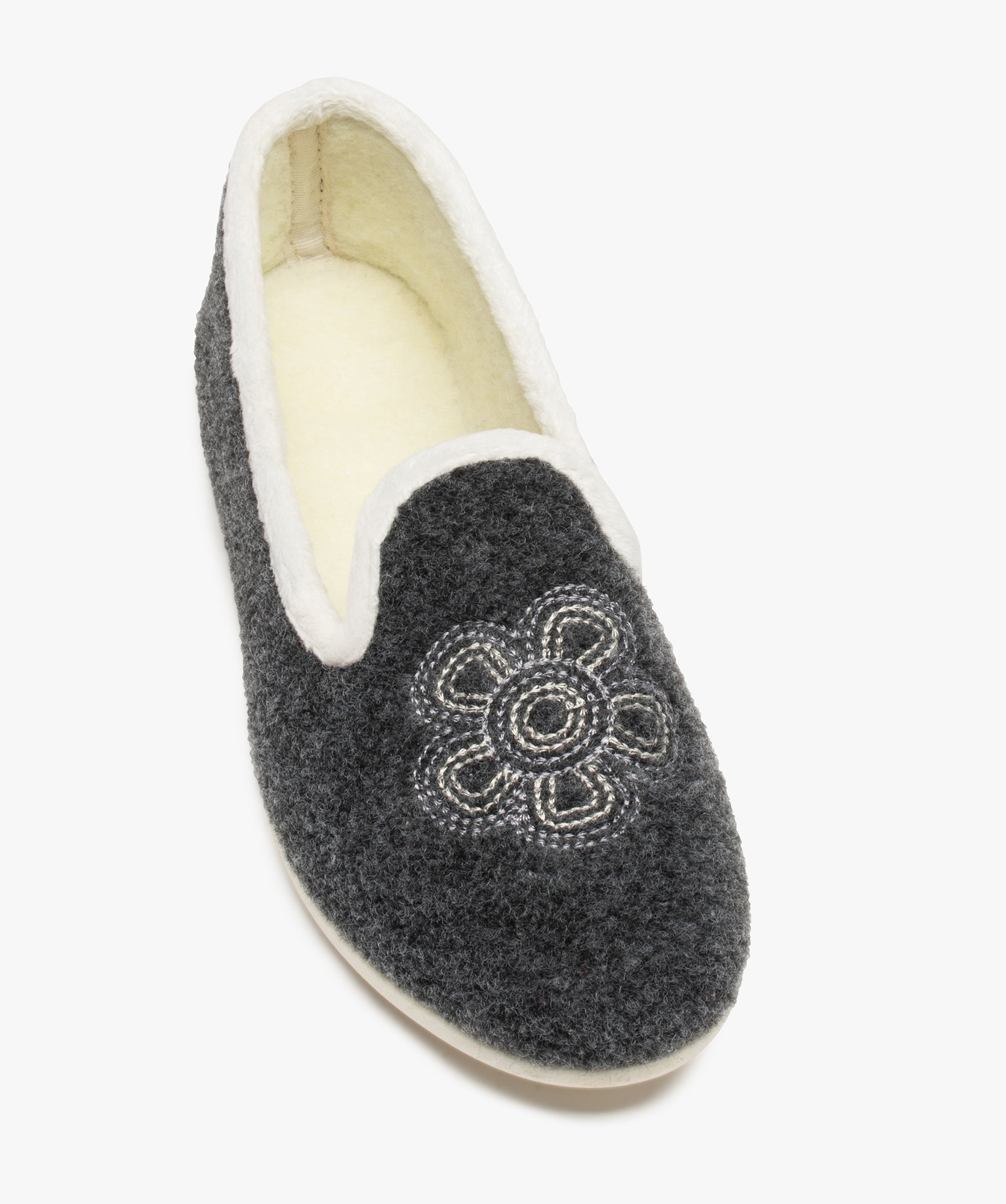 Chaussons femme avec dessus en feutrine brodée gris | GEMO