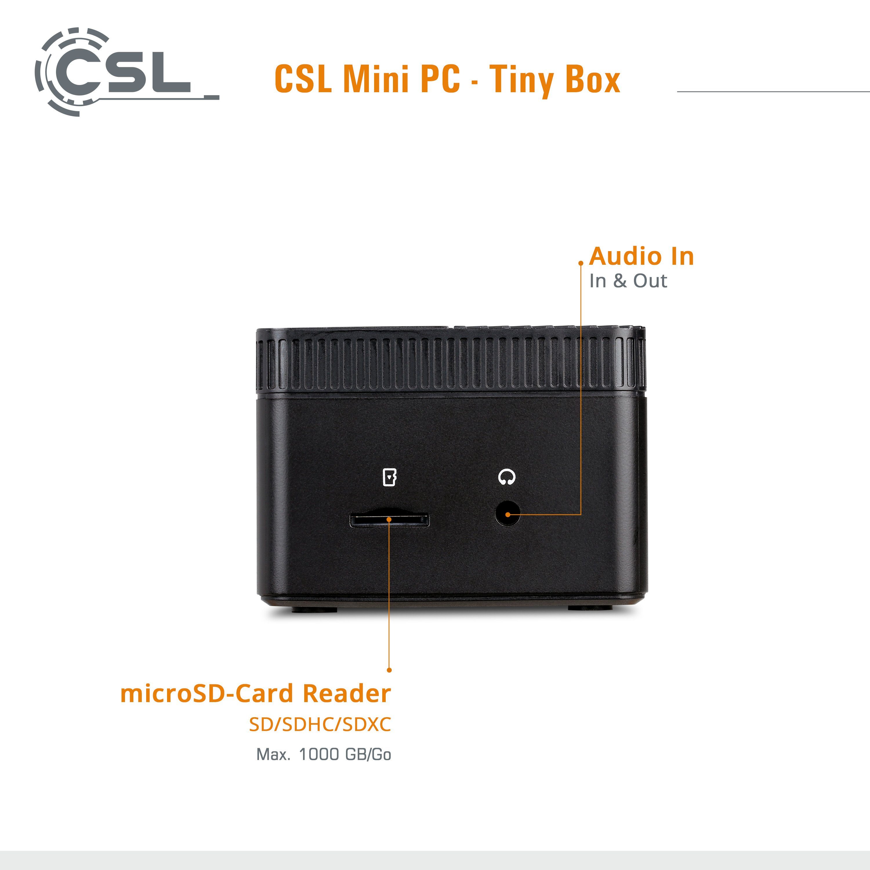 CSL Tiny Box PC (Intel® Celeron N4120, Intel® HD Graphics 600, 4 GB RAM, 128 GB SSD, passiver CPU-Kühler, 2m HDMI Kabel)