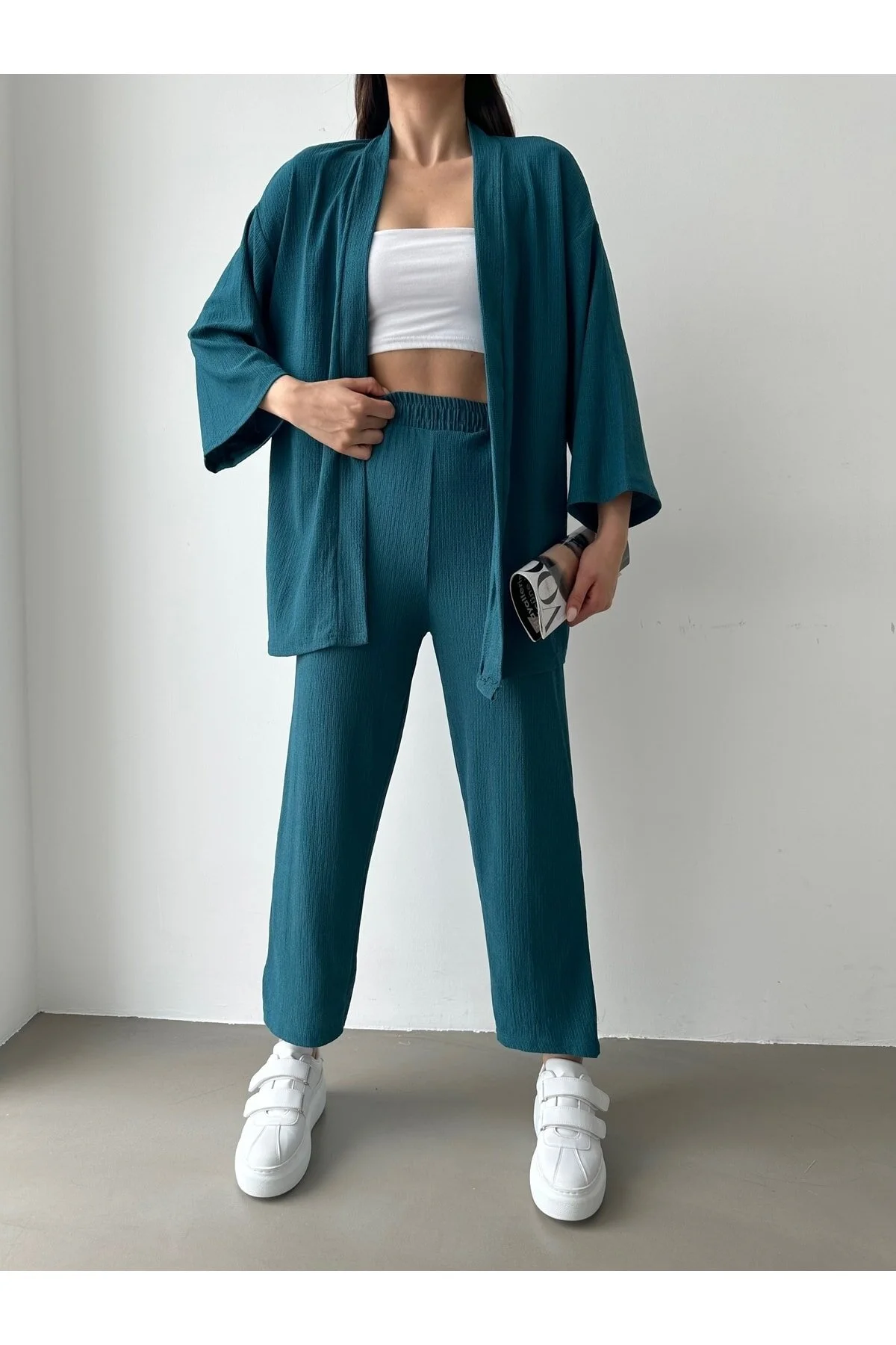 BEJNA  Petrolgrünes Kimono-Hosen-Strickset für Damen